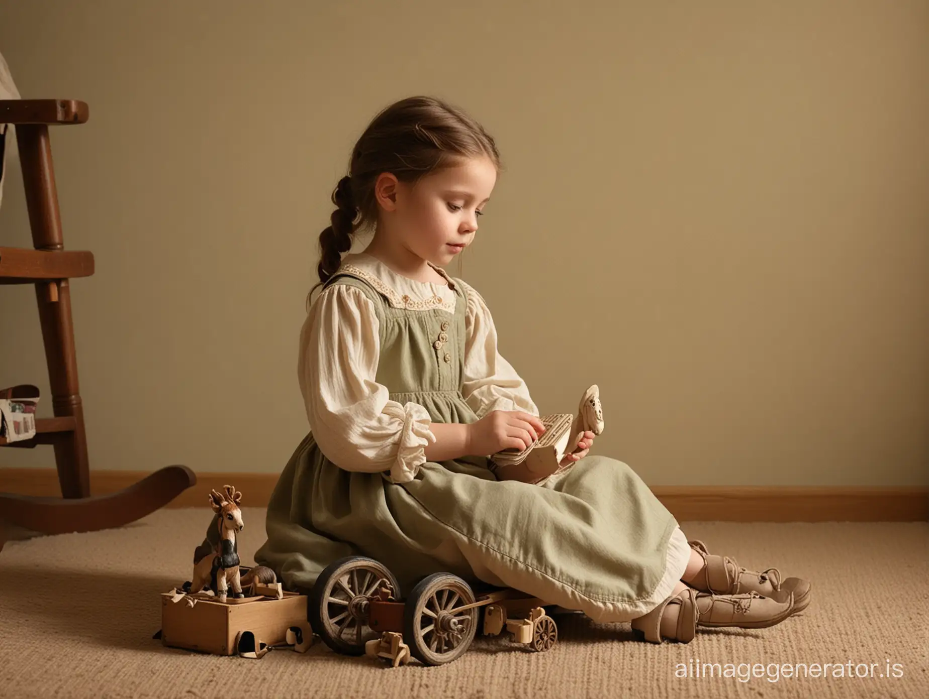 Nostalgic-Scene-Young-Girl-Playing-with-Vintage-Toys-in-Warm-Dim-Light