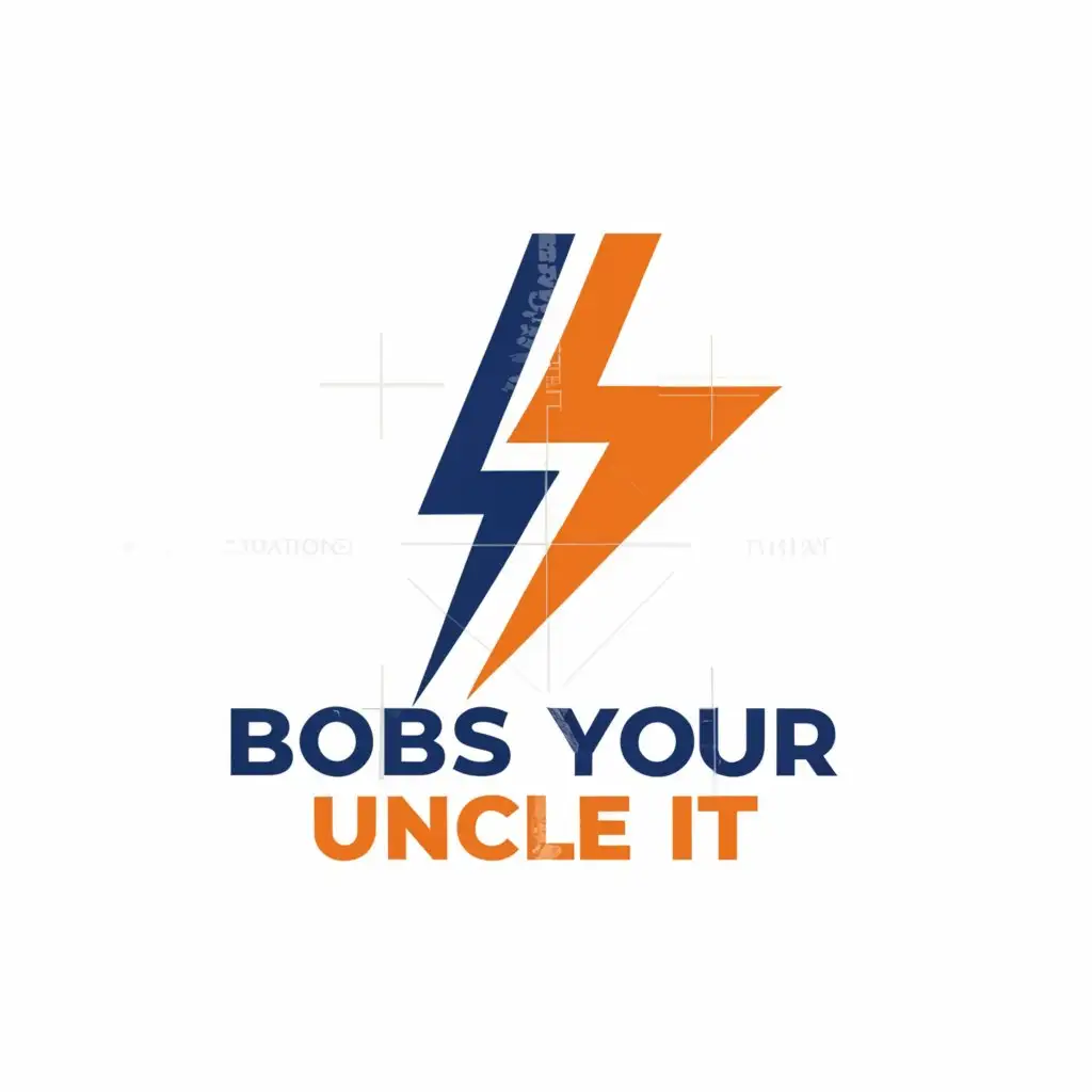 a logo design,with the text "Bobs Your Uncle IT", main symbol:lightning bolt or check mark, with blue and orange colour theme, text must be sharp and minimalistic (not cursive),Moderate,be used in Technology industry,clear background