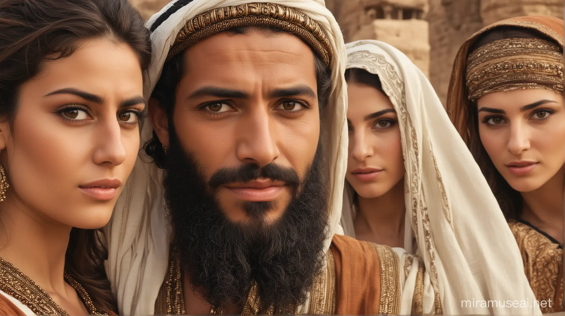a close up of A Middle Eastern man  and 2 beautiful women. Set in the era of Moses