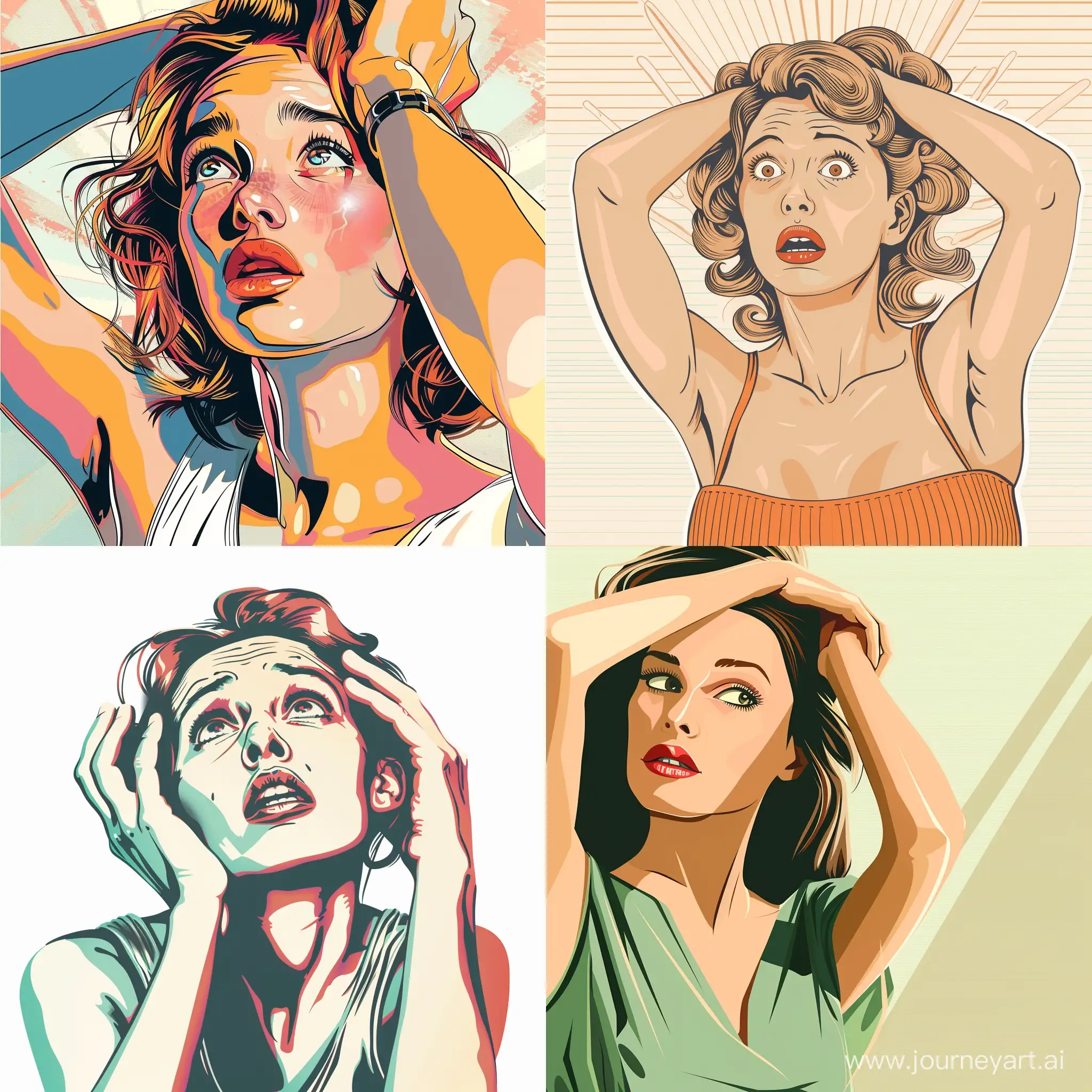 beautiful girl, emotions of surprise on her face, holding her head, waist-high portrait :: simple graphics, graphic Art Deco image in a poster, no detail, no realism, no more than 3 colors, white background