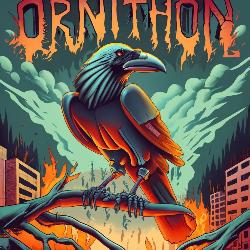 raven godt playing in a rockband, logo, dead raven skeleton, on dead tree, war, thunder, chaos, graffiti, war, tank, thunder, soldier, stoner, band, notes in the background, forest fire, burned buildings, thunder, burned city,, with the text "Ornithon", typography