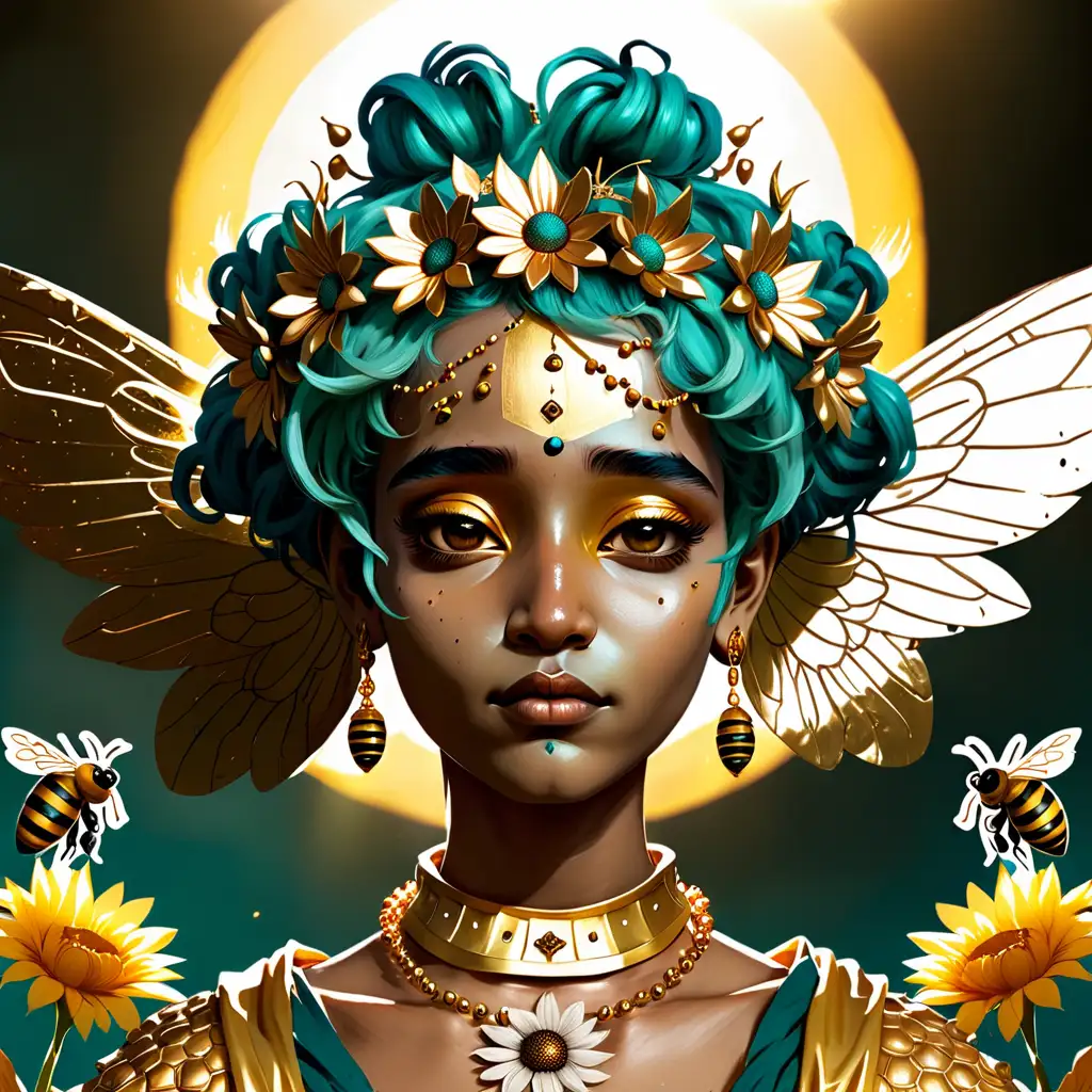 Royal Deity with Androgynous Face Teal Hair and Bee Motifs