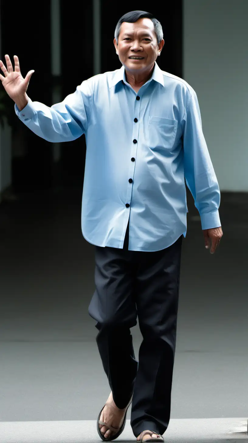 a 60 year old south east asian man. slightly round figure, black very short sleek hair, wearing a light blue button up, with black pants, walking and waving