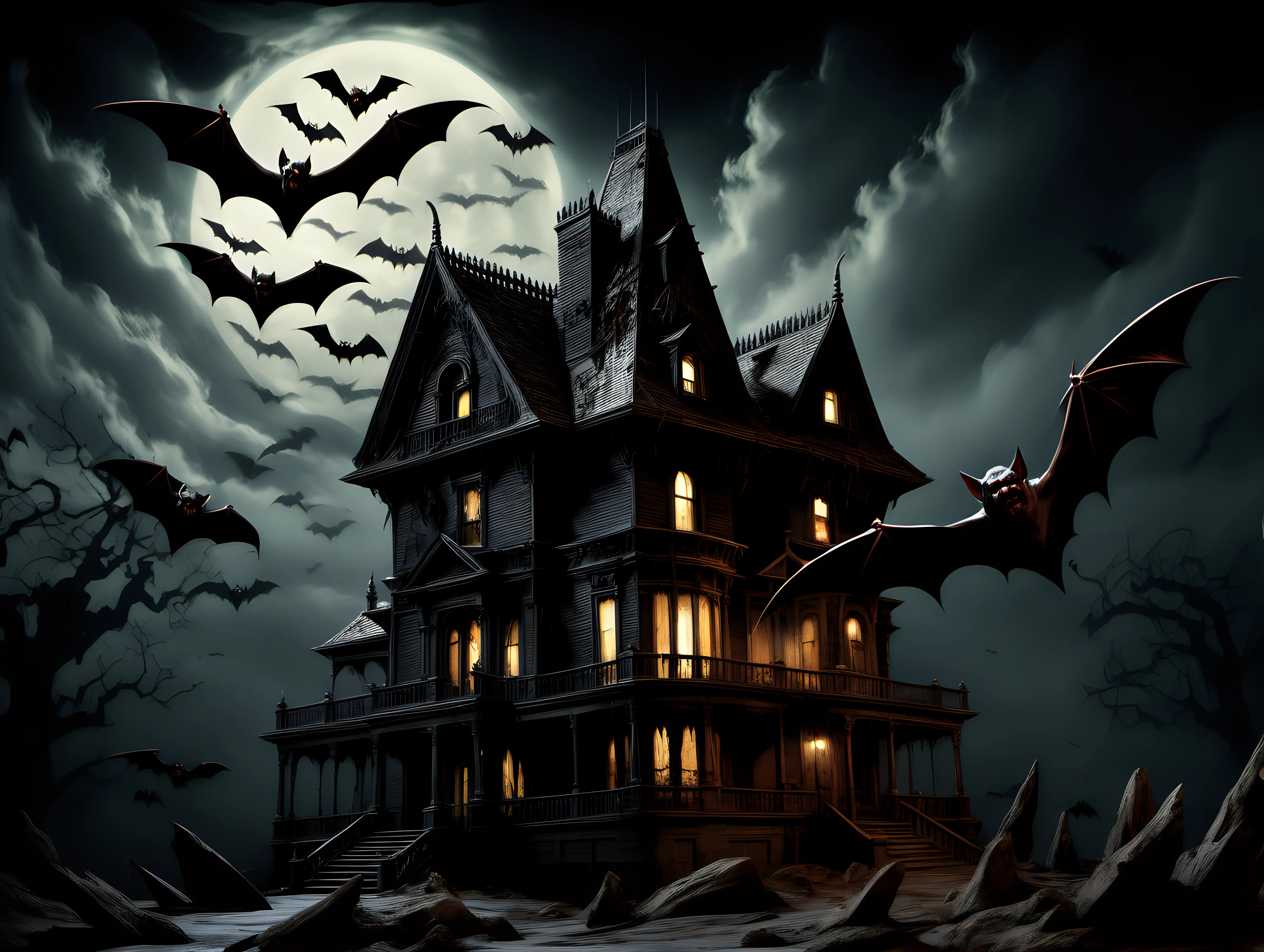 Haunted house with flying vampire bats in style of photorealistic by frank frazetta, photograph, high detail, elegant, close up and dark background