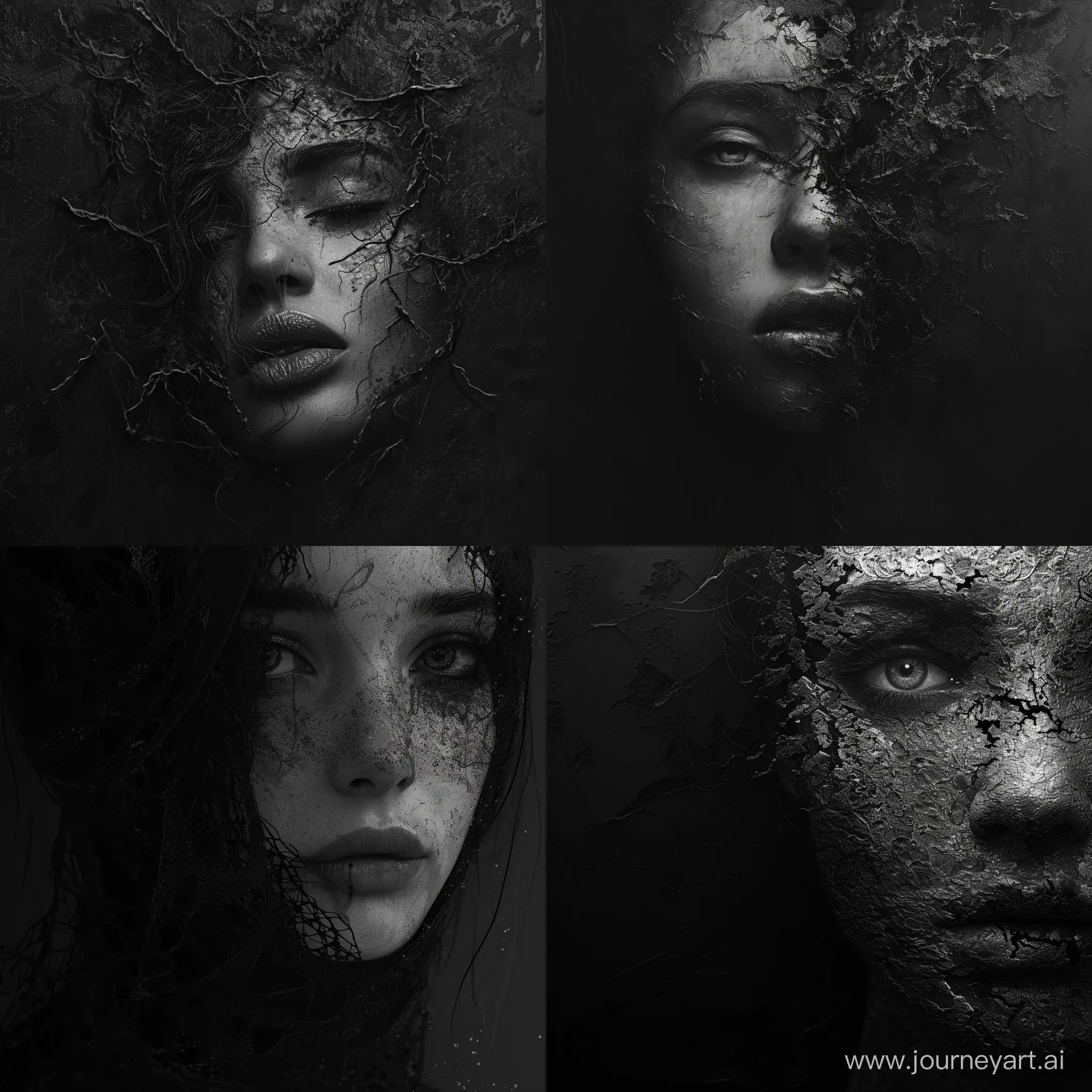 Portrait illustration, digital painting, dark and moody atmosphere, intricate details, high quality, Januz Miralles style, surreal, textured, emotional expression, monochromatic tones, dramatic lighting
