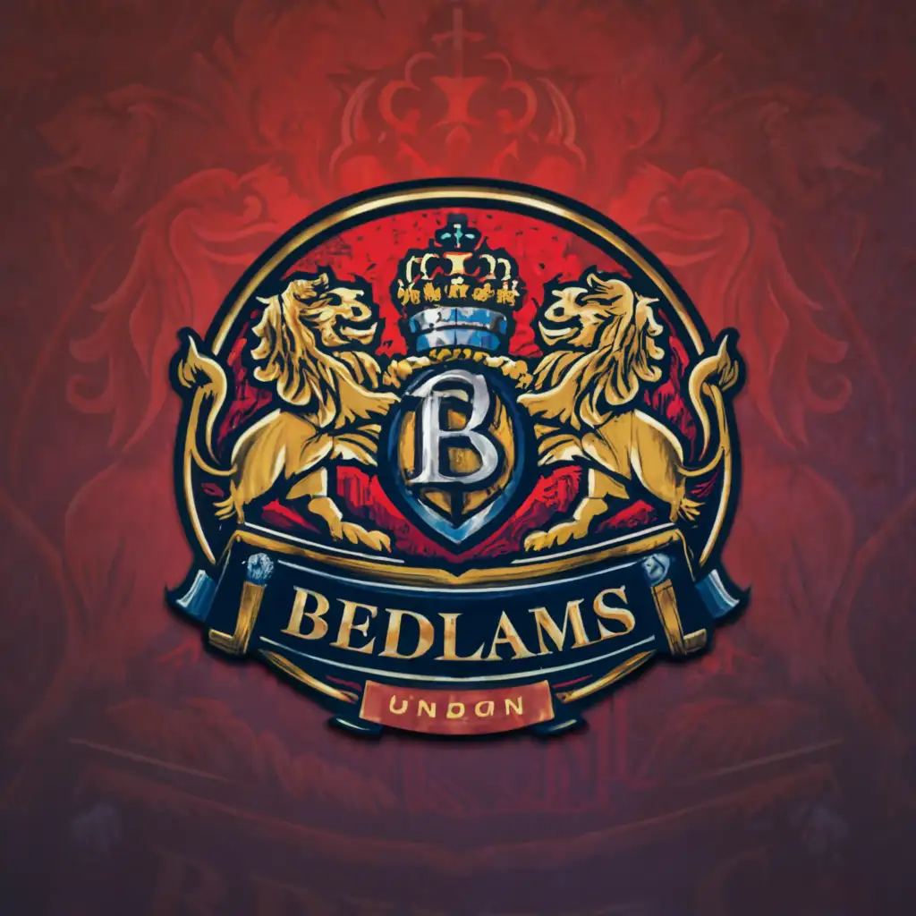 a logo design, with the text 'BEDLAMS LONDON', main symbol:LOINS AND SHIELD, Moderate blue, clear background BLUE BACKGROUND