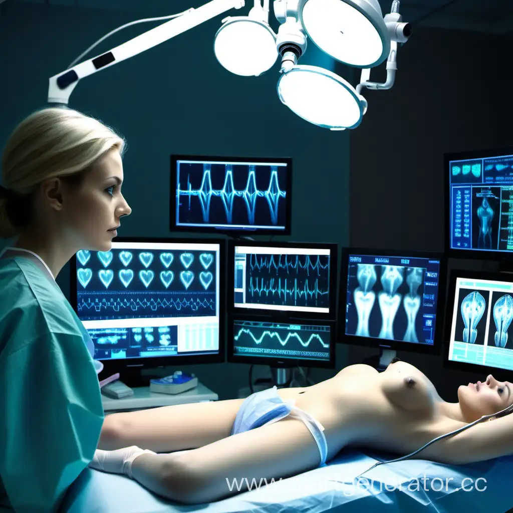 junge frau liegt auf operationstisch von monitoren überwacht ekg operationslampe beleuchtet chirurgen bereiten operation vor