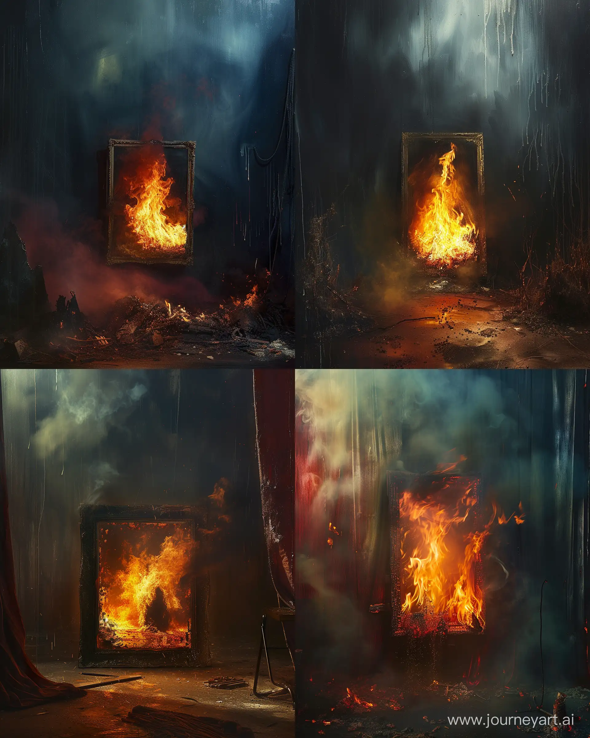 https://i.postimg.cc/VLMsc3CH/17066120032972hli2lycp.png ,a burning painting in mysterious atmosphere, surrealistic --ar 4:5
