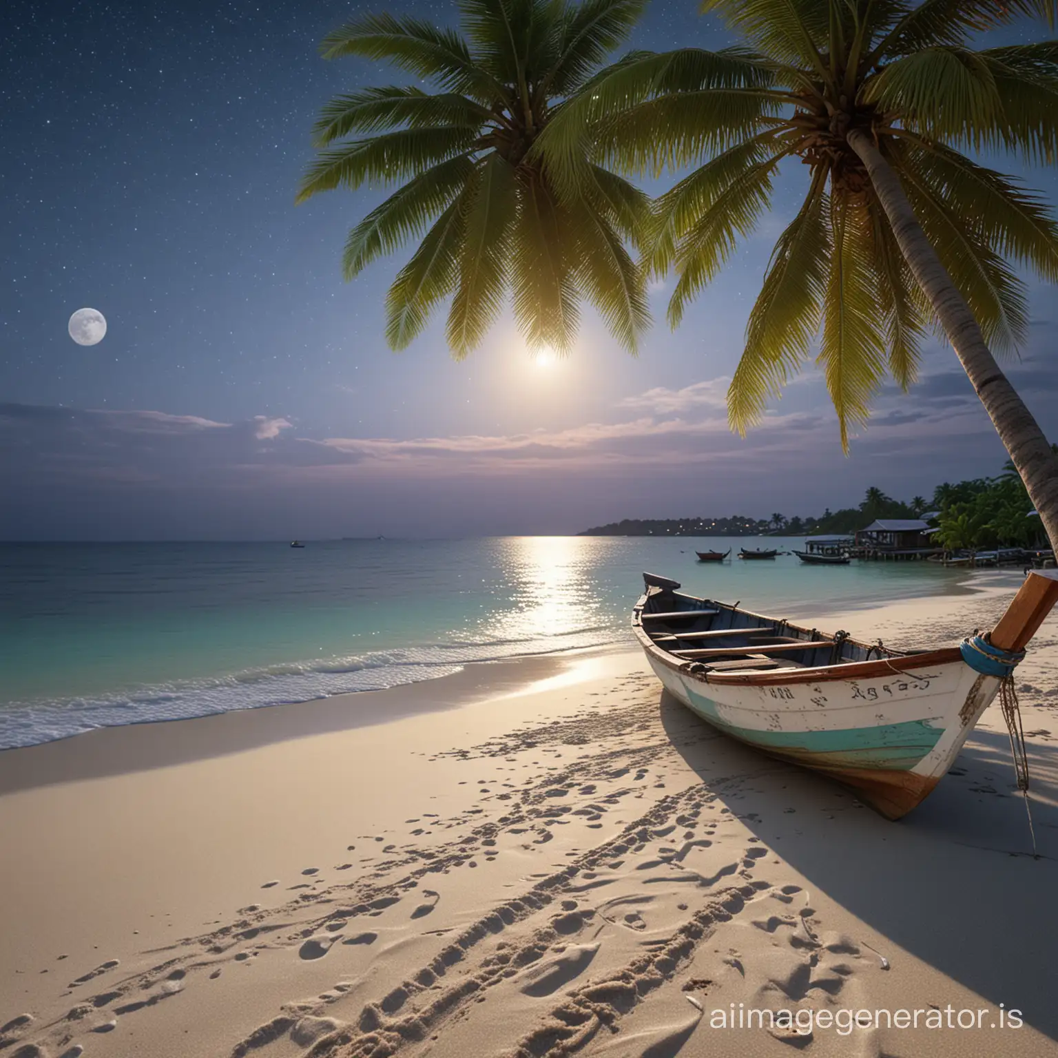 Hyperrealistic HDR UHD photo, 256k, white beach sand with a small boat on the water, with coconut tree at the beach, small Malaysian fishing village, highly detailed, Jean-Baptiste Monge style, watercolor, Picturesque and colorful, ultra HD, soft colors, moon night view, vivid and vibrant, masterpiece, bokeh style, complex, ultra realistic,, Miki Asai Macro photography, close-up, hyper detailed, trending on ArtStation, sharp focus, studio photo, intricate details, highly detailed, by Greg Rutkowski