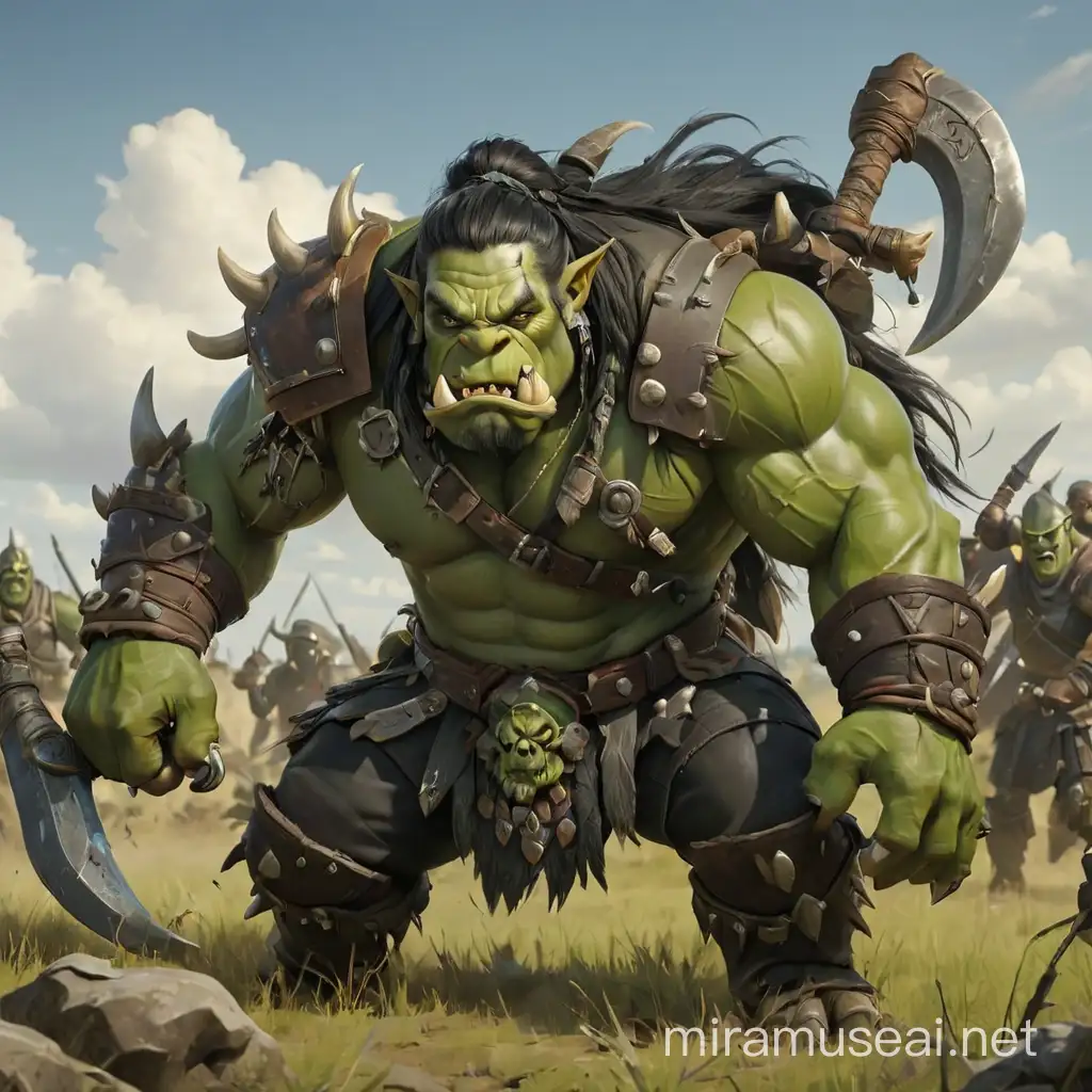 On the battlefield on a green plain during the day, a large and muscular orc, with long boar tusks, his green skin, long black hair with braids decorated with bones, an armor of bone and metal, holds a large double ax. sides, advances in front of his army