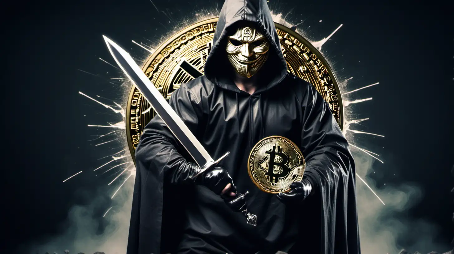 a masked man with a sword slashing a big bitcoin halving

