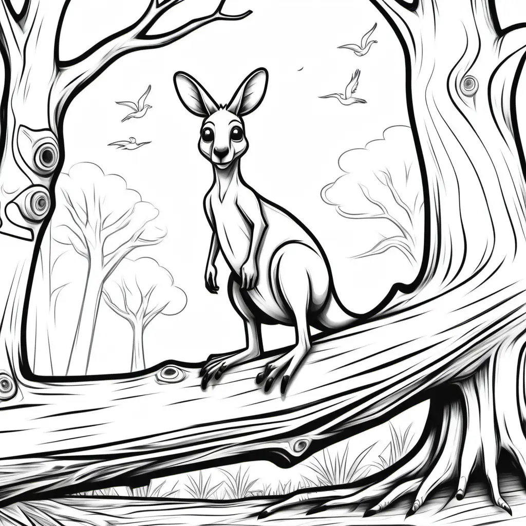 /imagine colouring page for kids, Kangaroo FACE balancing on a fallen tree trunk, Thick Lines, low details, no shading --ar 9:11 done