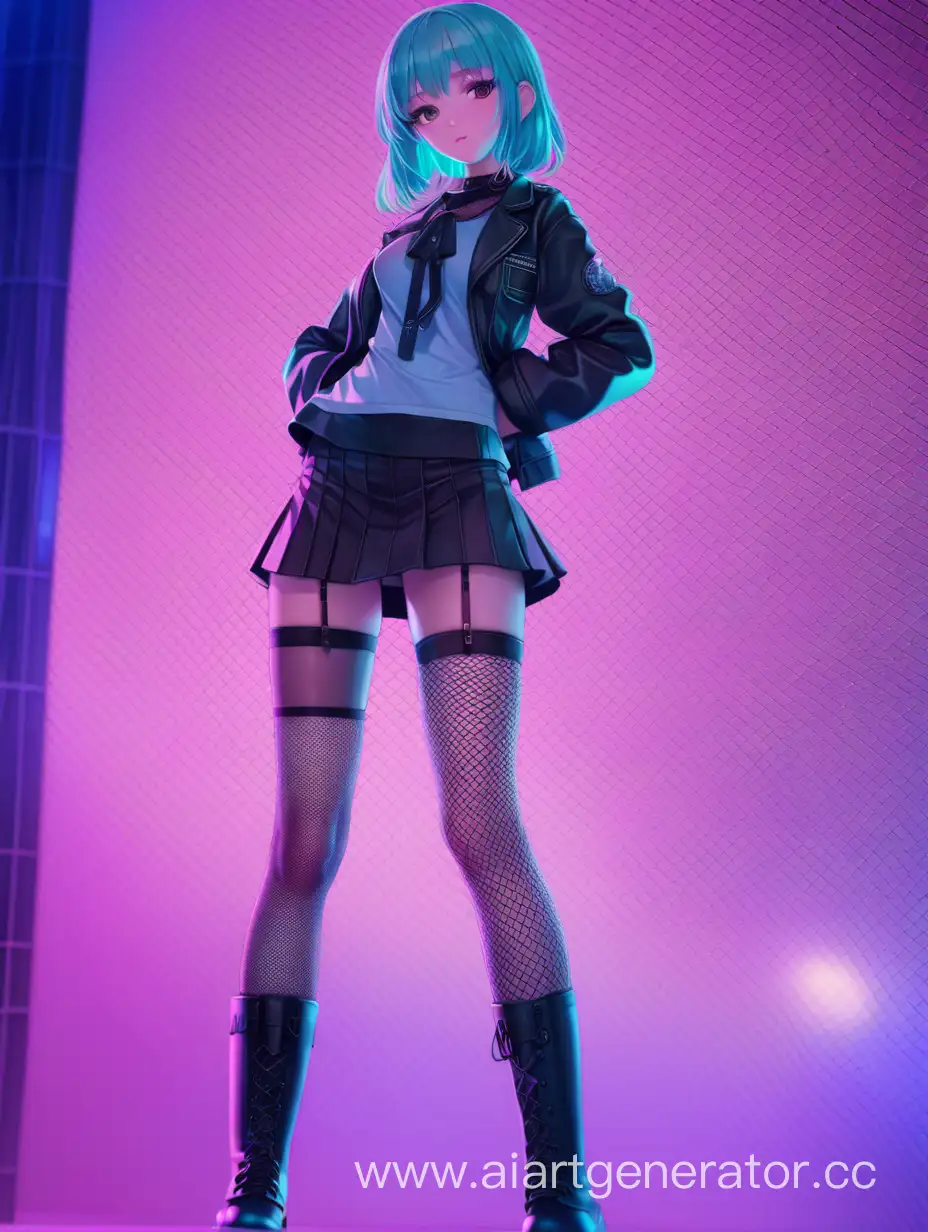 Neon-Anime-Girl-in-Short-Skirt-and-Fishnet-Stockings-with-Long-Boots