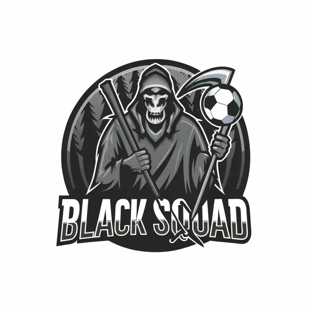 a logo design,with the text 'Black Squad', main symbol:reaper with soccer ball in hands,moderate,be used in Sports industry,clear background