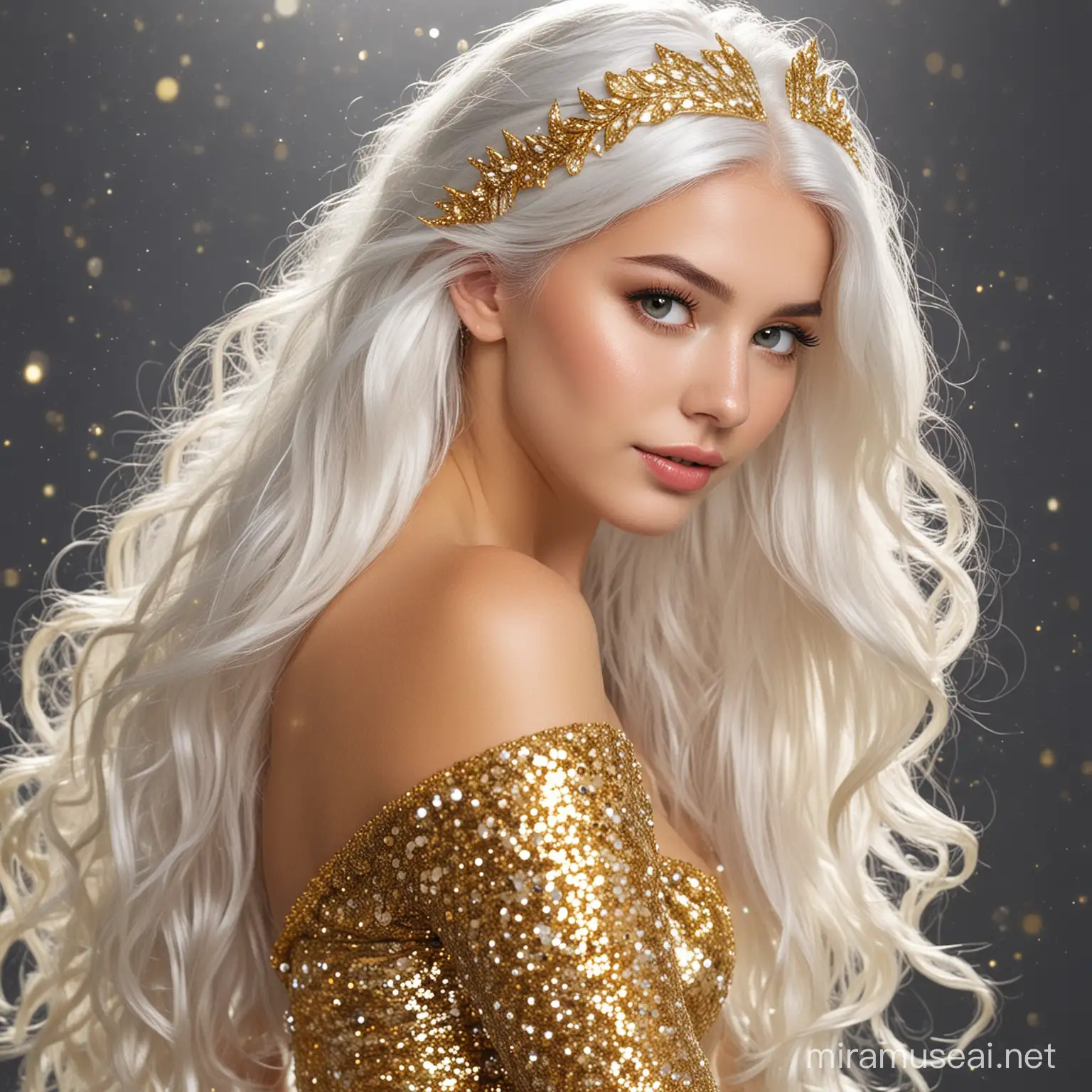 Shimmering Mermaid with Glittering Golden Tail and White Hair