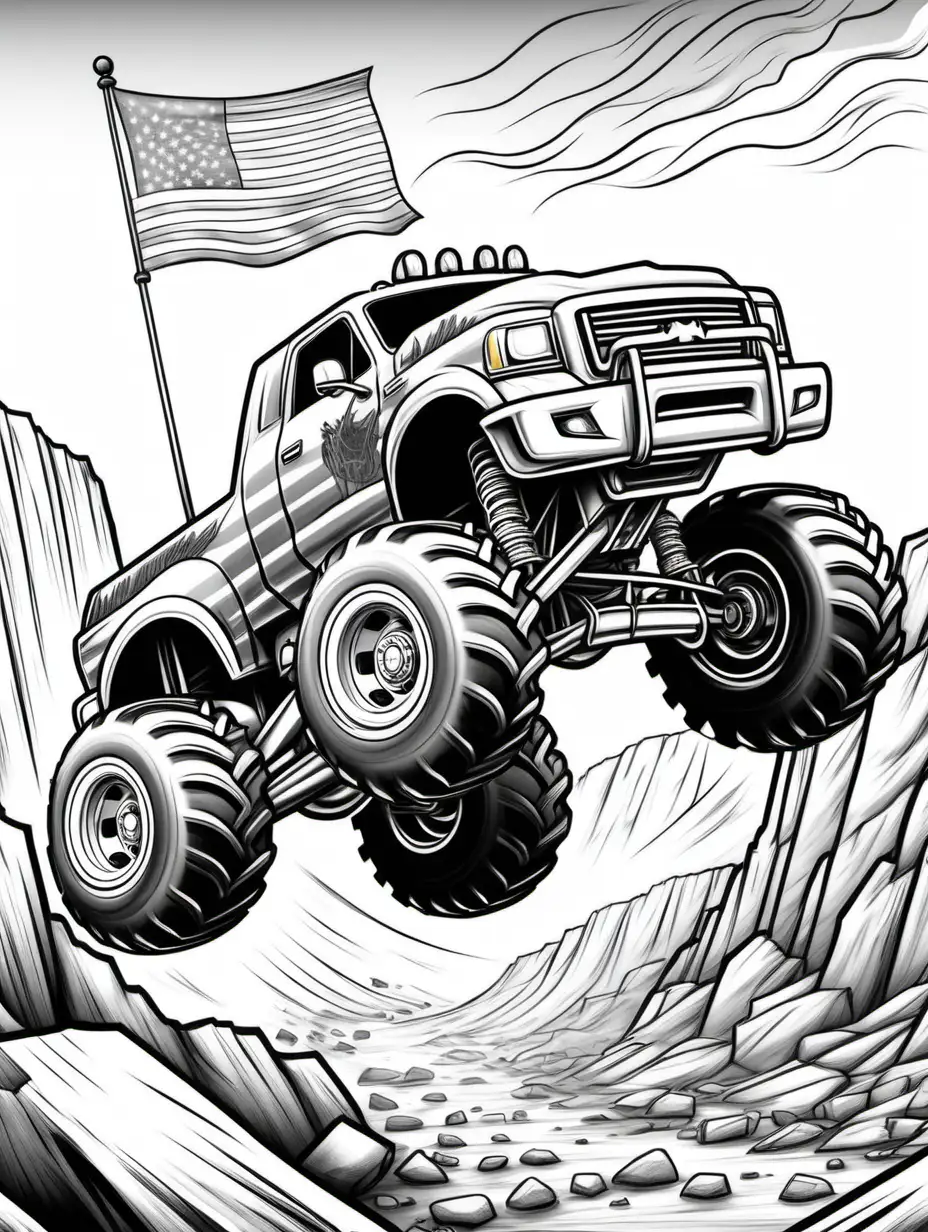 coloring pages for kids, large monster truck with pained American flag large headlights jumping over two very rocky cliffs two monster trucks in background, cartoon style, thick lines, low detail, black and white, no shading --ar 85:110