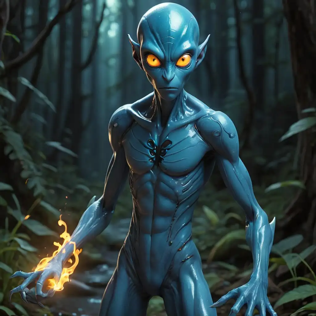 erstelle "Zentavos": 

Ein schlanker, blauhäutiger Alien mit leuchtenden Augen und einer Vorliebe für Telepathie. Bitte zeige den Ganzen Körper und achte auf die Langen Finger und Füsse. er trägt nur einen leichten anzug mit 2 messern an der seite

