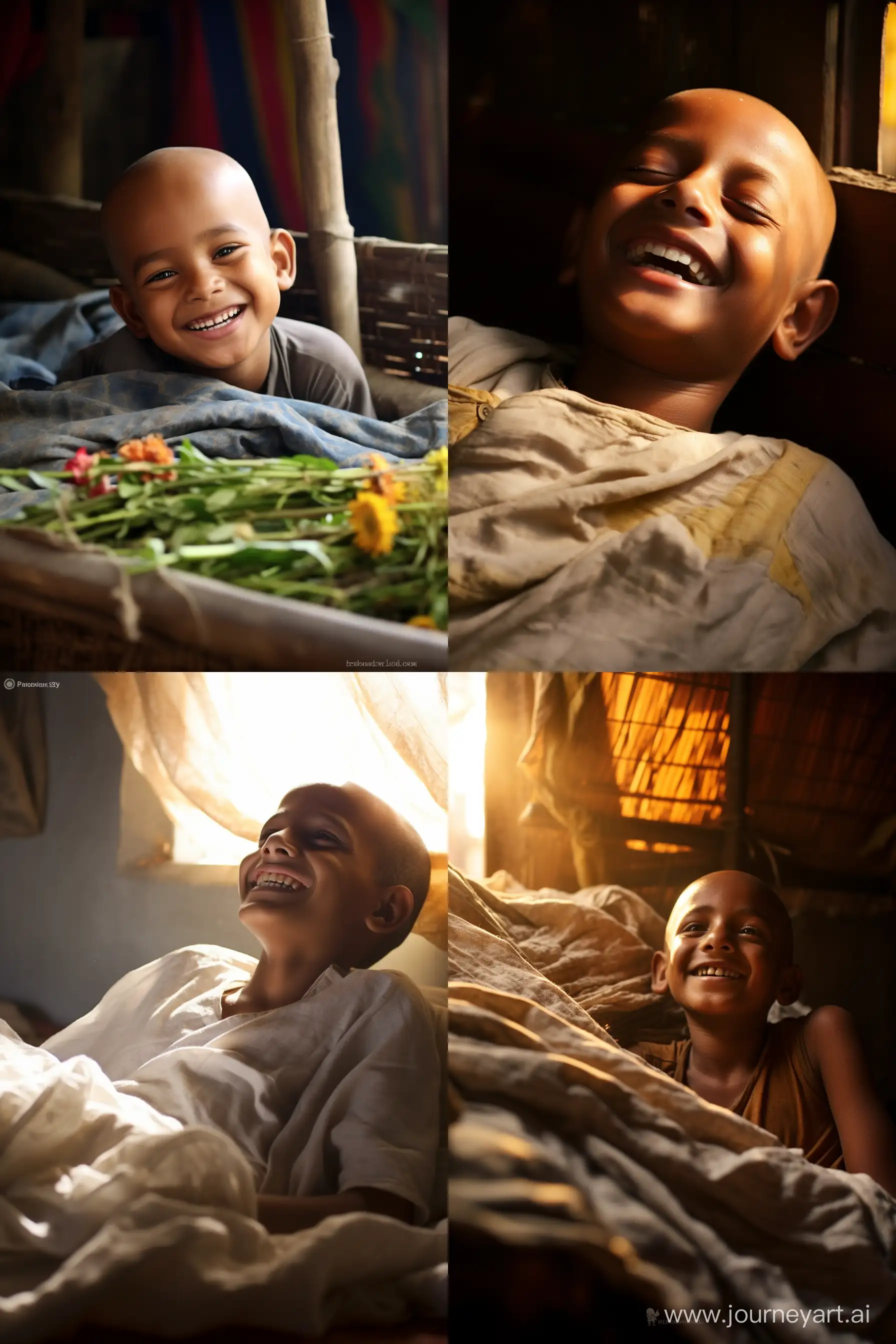 /imagine prompt: color photo of "A bald toothless Bangladeshi boy with a precious smile lying on the bed", , Incredible resilience shining through his eyes,  Warm, sun-kissed skin reflecting a life well-lived, Wisps of silver hair framing his gentle face, Eyes brimming with stories of strength and courage, , Soft, worn bed sheets cradling his fragile frame, Sunlight streaming through a cracked windowpane, , A mix of emotions dancing in the room, A bittersweet blend of joy and sadness, A sense of hope, despite life's hardships, , Captured with a vintage Leica M6 camera, Loaded with Kodak Portra 400 film, A classic 50mm lens to capture every nuance, , Wes Anderson, the master of whimsical storytelling, Roger Deakins, the maestro of cinematography, Annie Leibovitz, the visionary photographer, Alexander McQueen, the avant-garde fashion designer, , —c 10 —ar 2:3