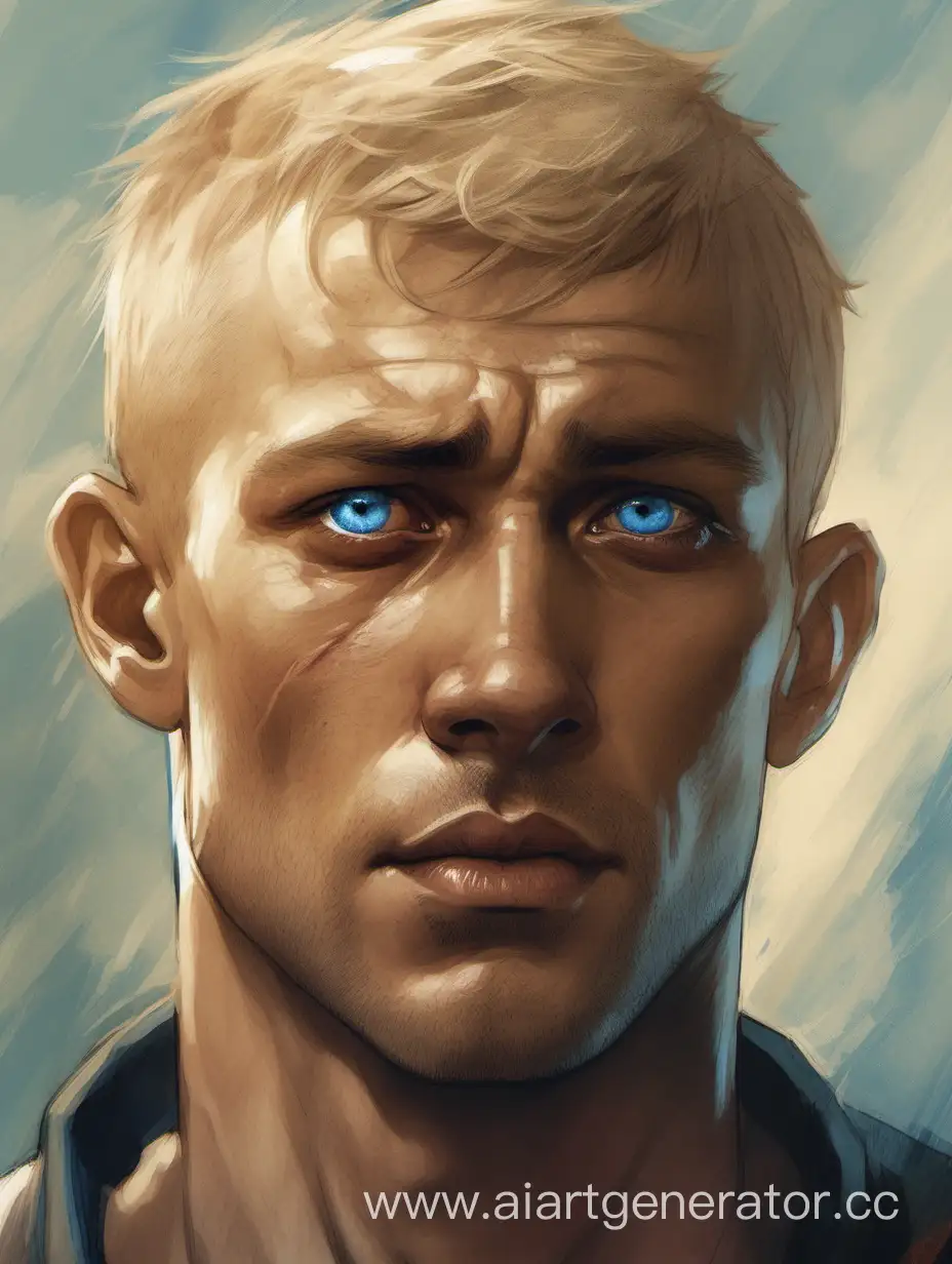 Portrait. Blonde nord man of 25 years old with a very short buzz cut hair and bright blue eyes. Calm look and face, a liitle bit seem tired and exhausted of eating not much. Smooth and delicate skin. Wide forehead and very wide and hard chin, neat lips and nose make square muscular face look kinda baby's, but manly and strict like a warrior who saw whole cruelness of life. Small stubble. Man seems much older because of hard life situation and exhaustion, thirst and alcohol.