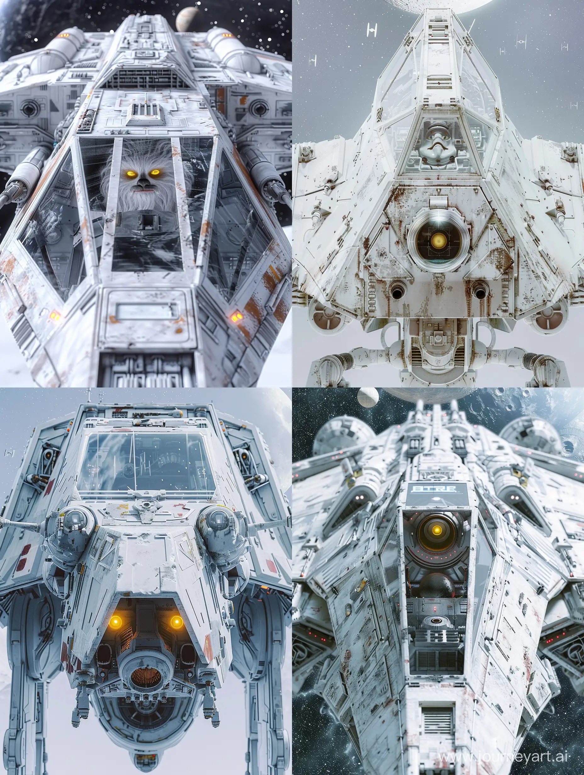 front facing close up view of Star wars snow speeder,with clear from windows all white in space, around moon and stars , 8k, ultra realistic, surrealism, high definition, ultra hight definition, mecha, nipples, robot, robot joints, solo, white background, yellow eyes, An old and powerful beastly looking creature, but also one of great sadness, bold colors, detailed, 8k