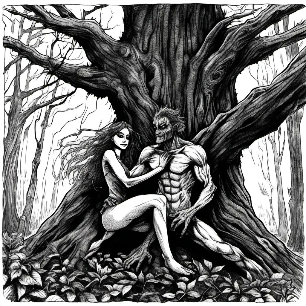 Enchanting Encounter TreeMan Embracing Forest Girl in a Magical Moment