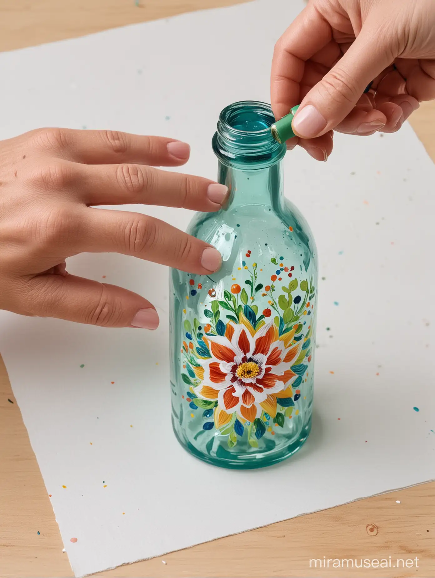 A hand, painting a glass bottle with acrylic paints