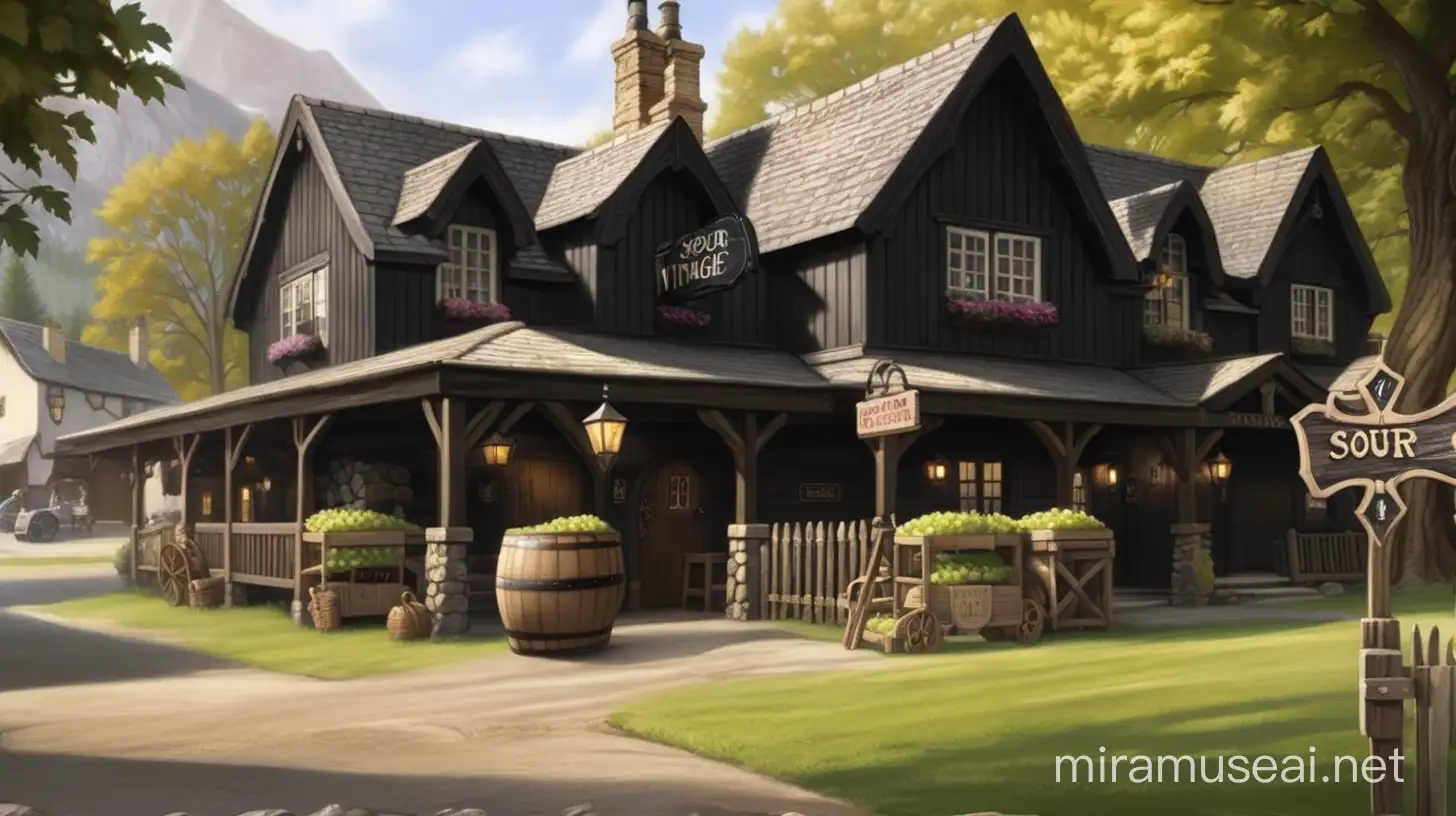 In the style of dungeons and dragons, create the "Sour Vintage", a traditional country inn located at a crossroads. The exterior is rustic wood painted black, and the sign hanging from the door depicts a woman carrying a basket full of grapes. 