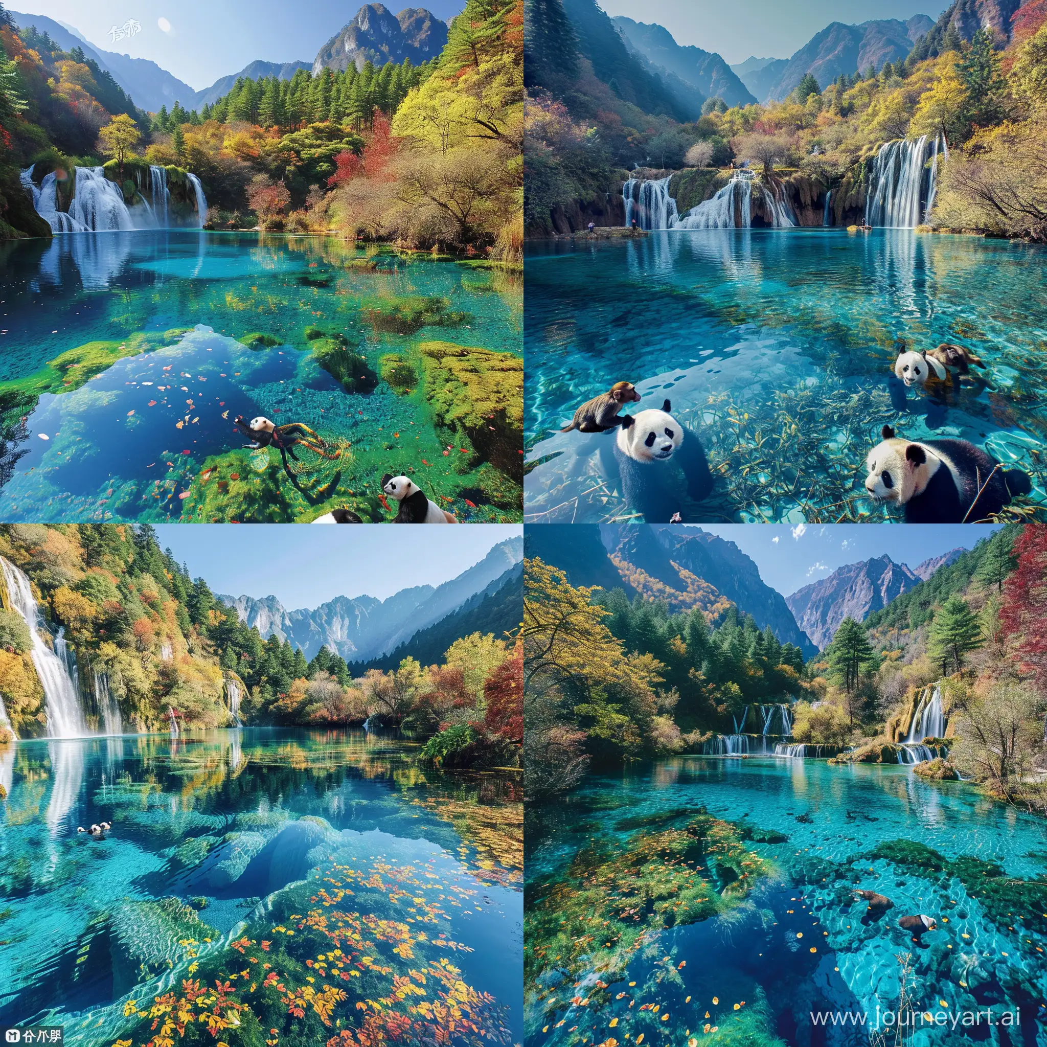 "A serene and picturesque view of Jiuzhaigou Valley with crystal clear blue lakes, cascading waterfalls surrounded by lush green forests and vibrant autumn foliage. Peaceful pandas and playful Tibetan macaques are seen enjoying the natural habitat, with the reflections of the majestic Min Mountains in the tranquil waters, under a clear azure sky, in the style of a National Geographic photograph."