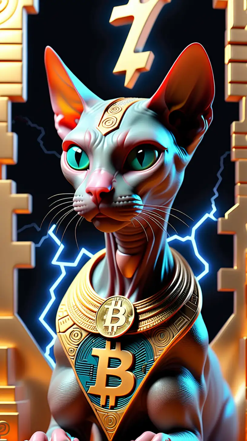 3d animated pimped sphinx cat, perfect lightning and 3D digital art of the Bitcoin symbol in a three-dimensional format, with added elements of abstract shapes in the background. The art piece uses variety of colors or textures to create a unique and visually striking image, and is rendered with a high level of detail to showcase the intricate design of the Bitcoin symbol. 