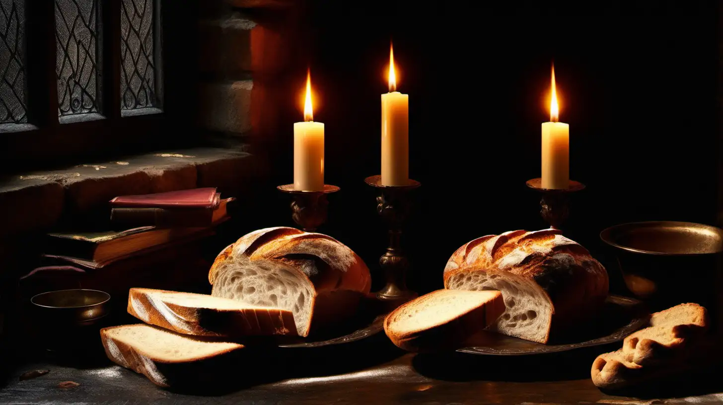 Classic XVII Century Still Life Bread Book and Candle by a Window