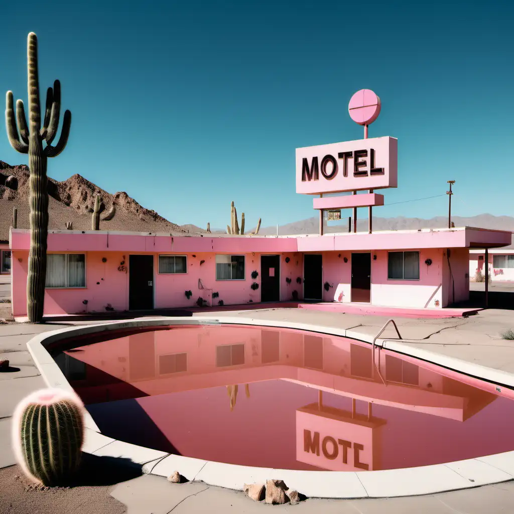 abandon 70's style motel in desert. with empty concrete, free shaped pool. no water in pool.  pink pool. Motel Pool sign and more abandon.   with cactus. 