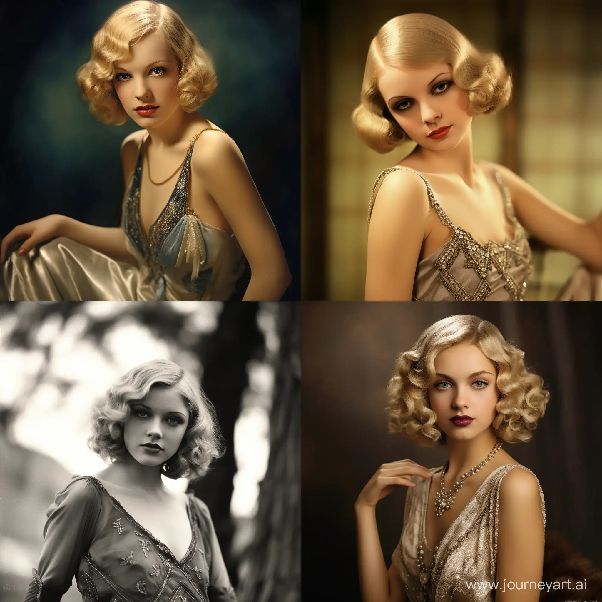  A petite 25-year-old blonde girl with light brown eyes, an actress from the 1920s. Narny style, America 1920s.