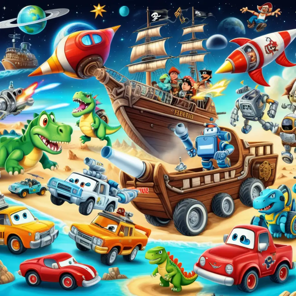 vivid image of cars, pirate ship, space rocket, pirates and robots, dinosaurs,
 cute cartoon style --ar 8:11

