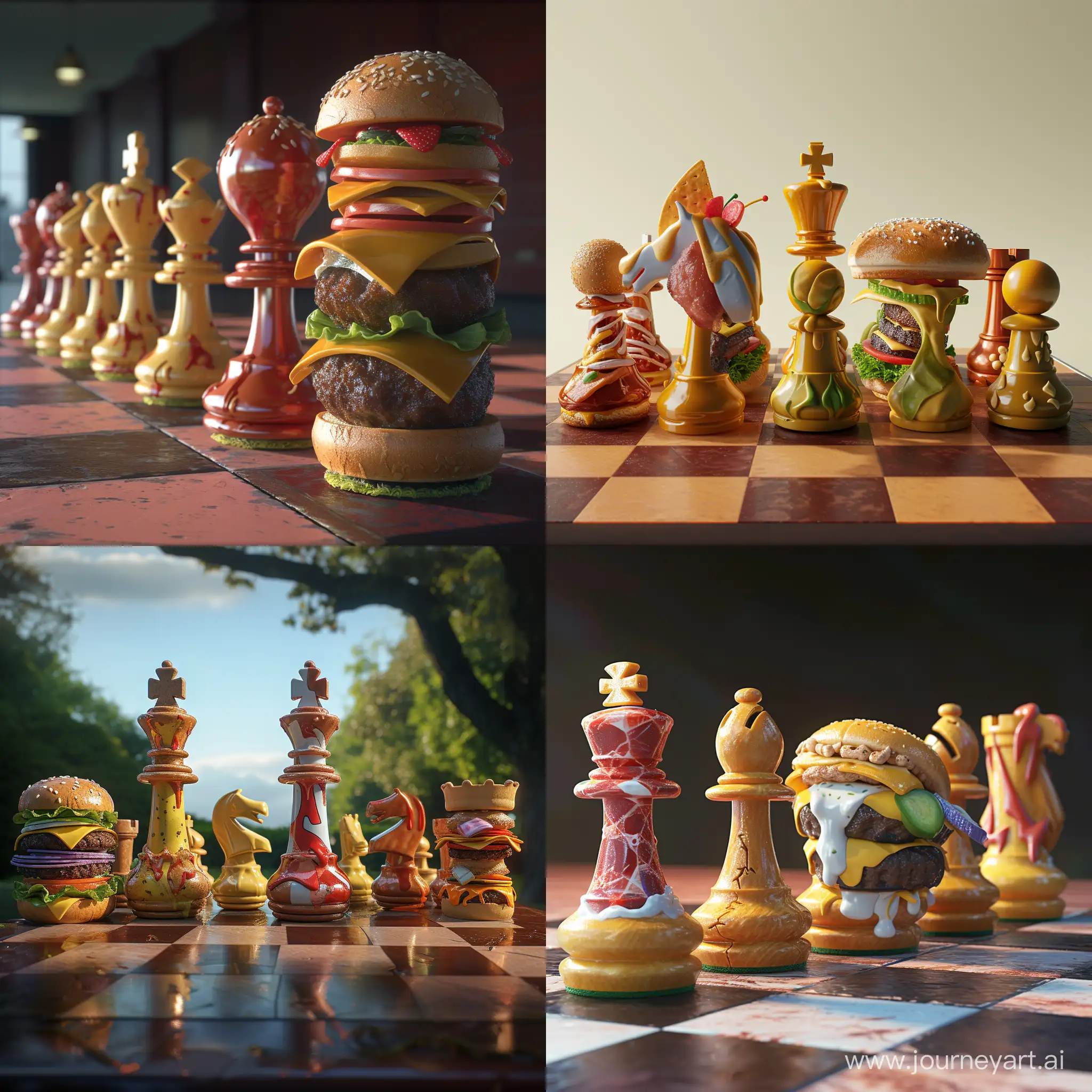 Chess pieces made out of fast food. 3D animation 