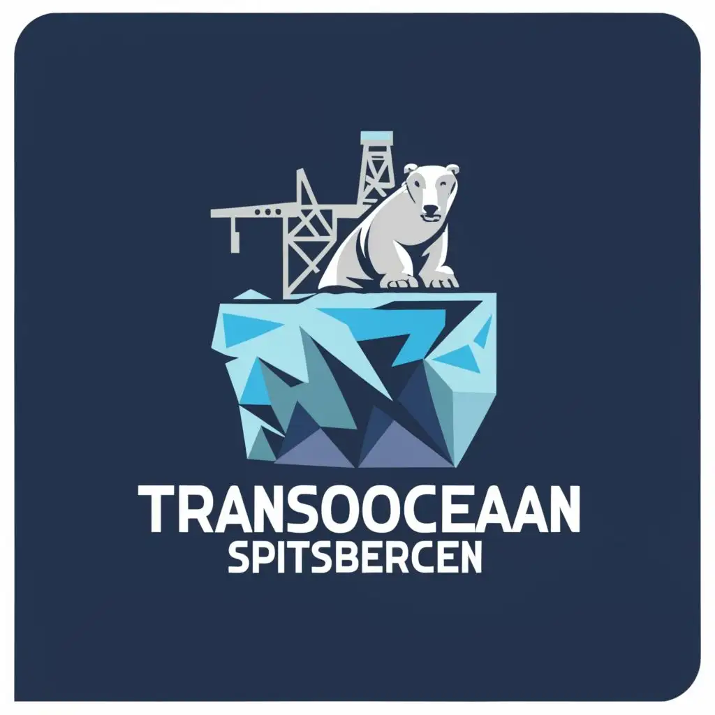 a logo design,with the text "Transocean Spitsbergen", main symbol:offshore drilling rig at sea and Icebear on iceberg in background,Moderate,clear background