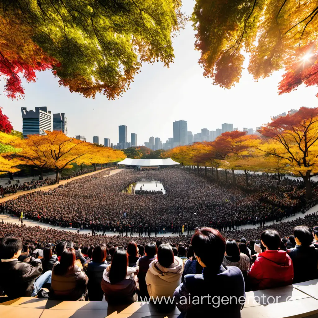 вид со сцены в парке Сеула стоит толпа зрителей  осень