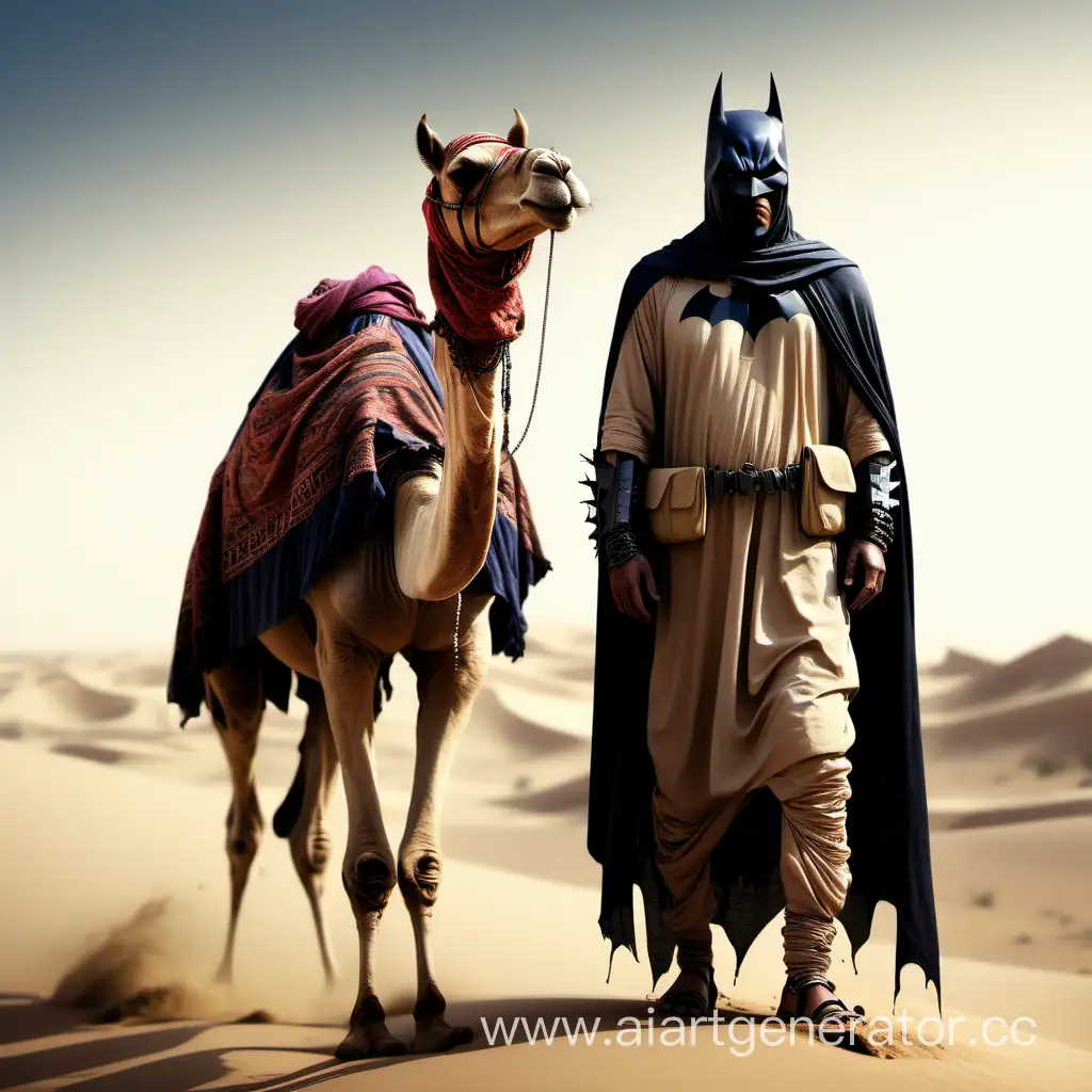 как бы выглядел бэтмен с верблюдом в маске, в  пустыне, одетый как бедуины и берберы, детализированы, в рваной одежде, HD,  в полный рост  