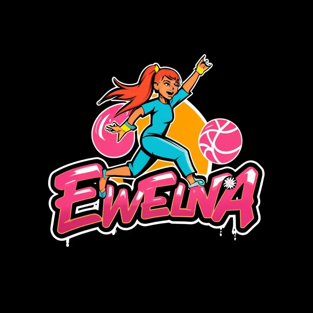 a logo design,with the text "Ewelina", main symbol:a logo design,with the text "Ewelina", main symbol:logo and name in grafitti style and a ball and a playing girl,Moderate,clear background,complex,clear background