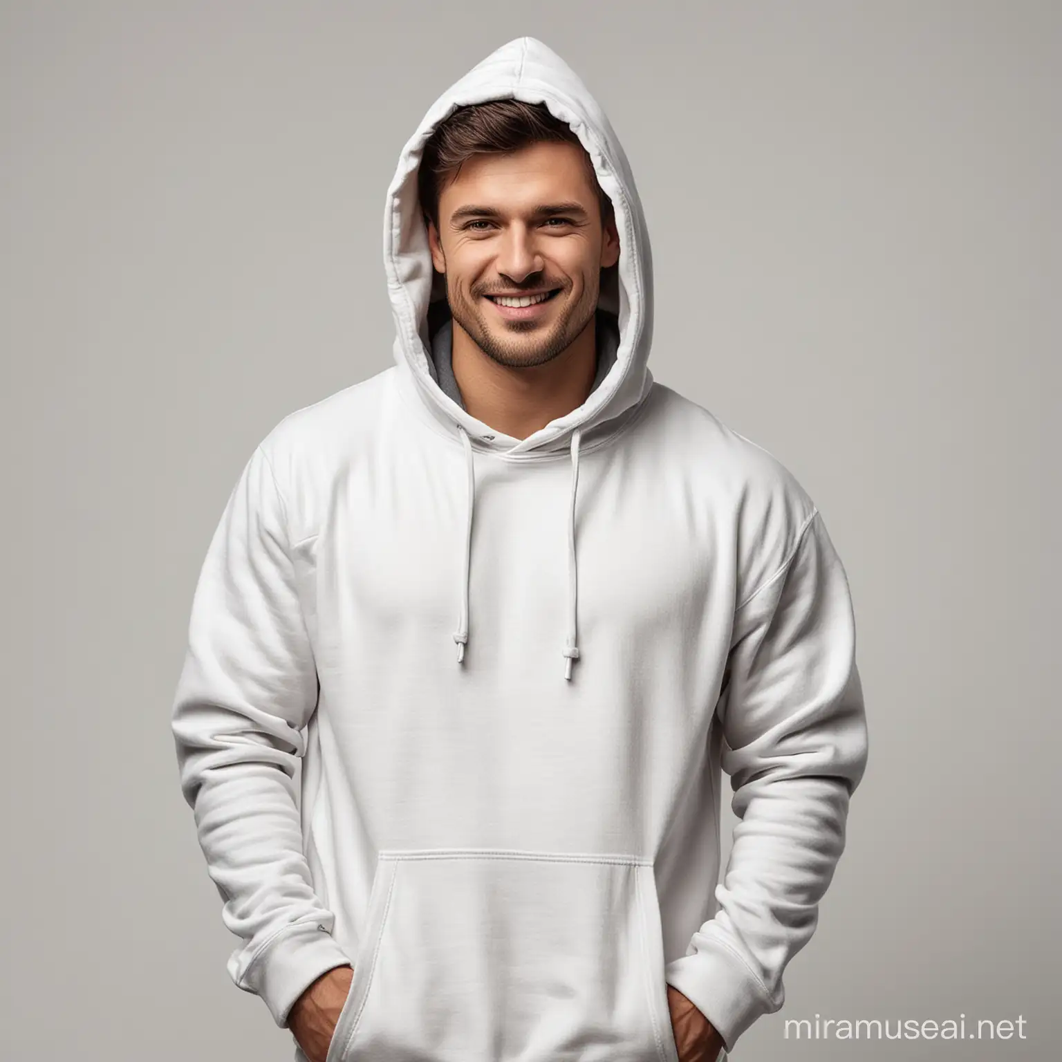Happy Man in Hooded Sweatshirt on White Background