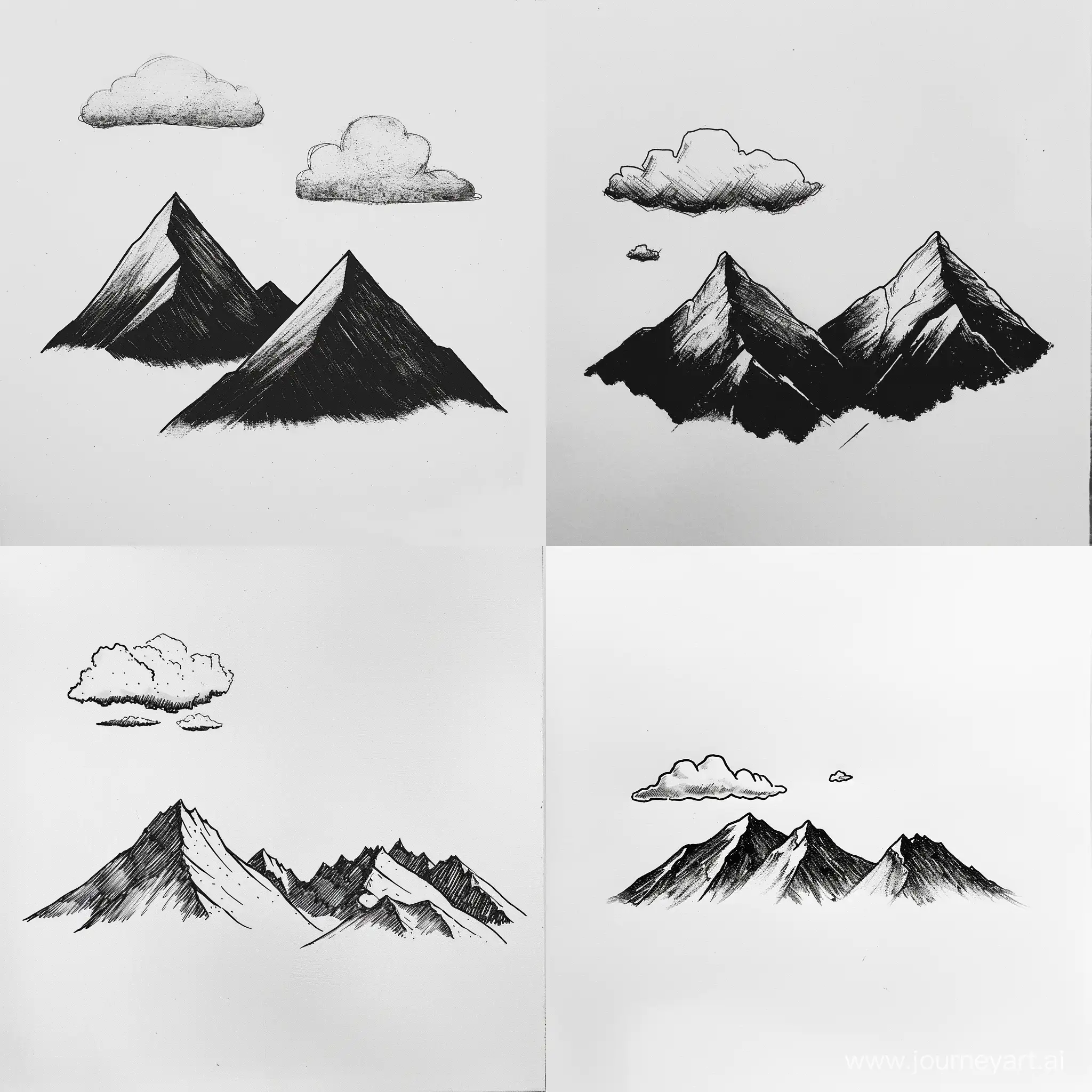 draft, rough copy of mountains on white canvas with black ink from painter in 1990s. only one cloud, minimal strokes,  and one ink and white background. make it look like its from MGMT style in 2023