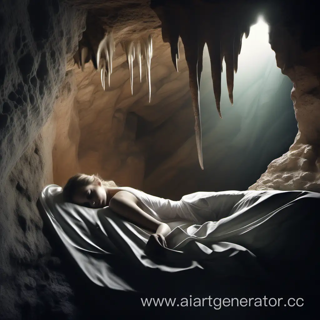 красивая девушка спит спиной к зрителю в пещере со сталактитами