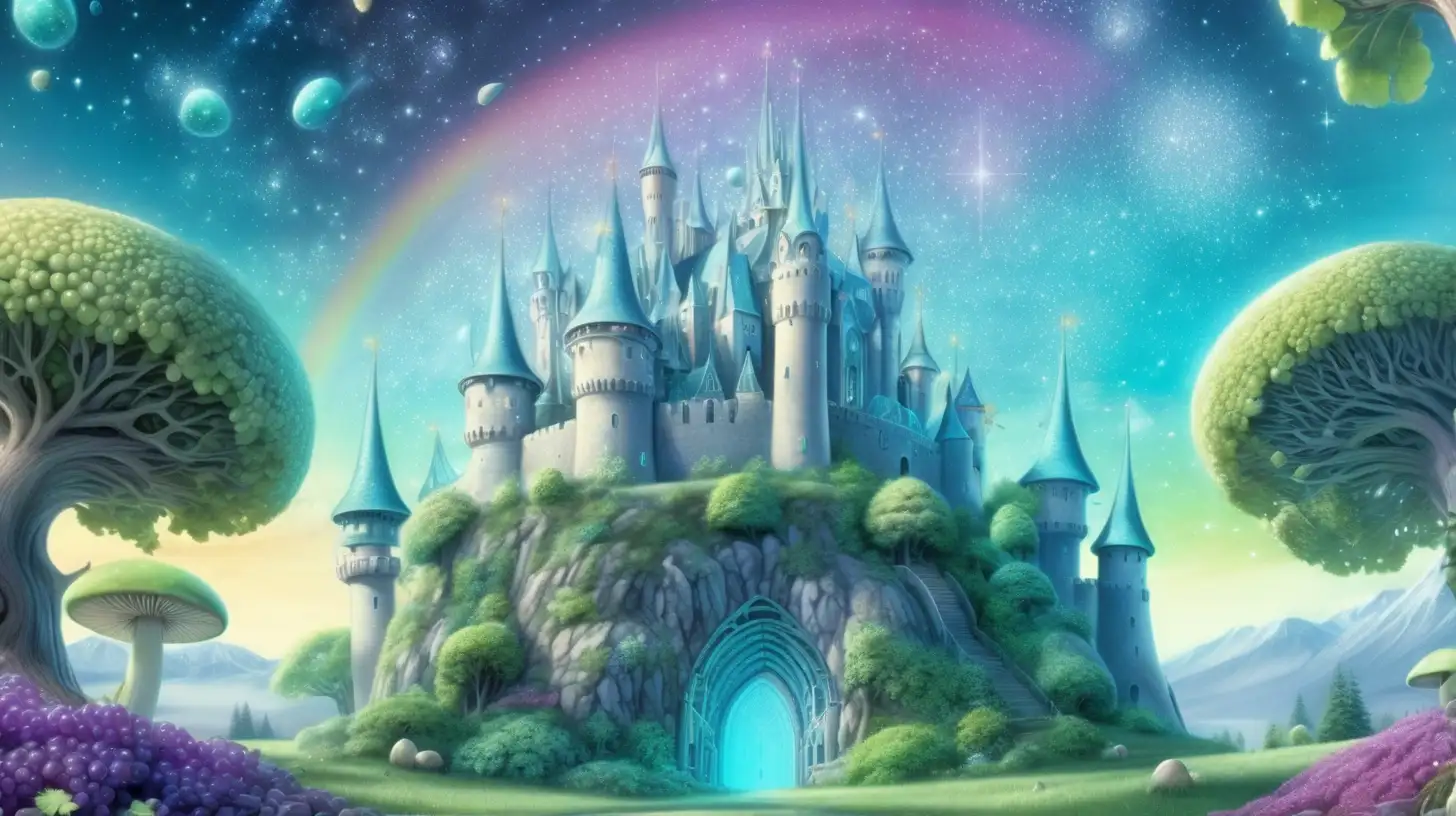 fairytale-magical grape trees -glowing-baby blue-pastel green-sky blue forming a castle that shows outer space astroids and rainbow-mushroom garden