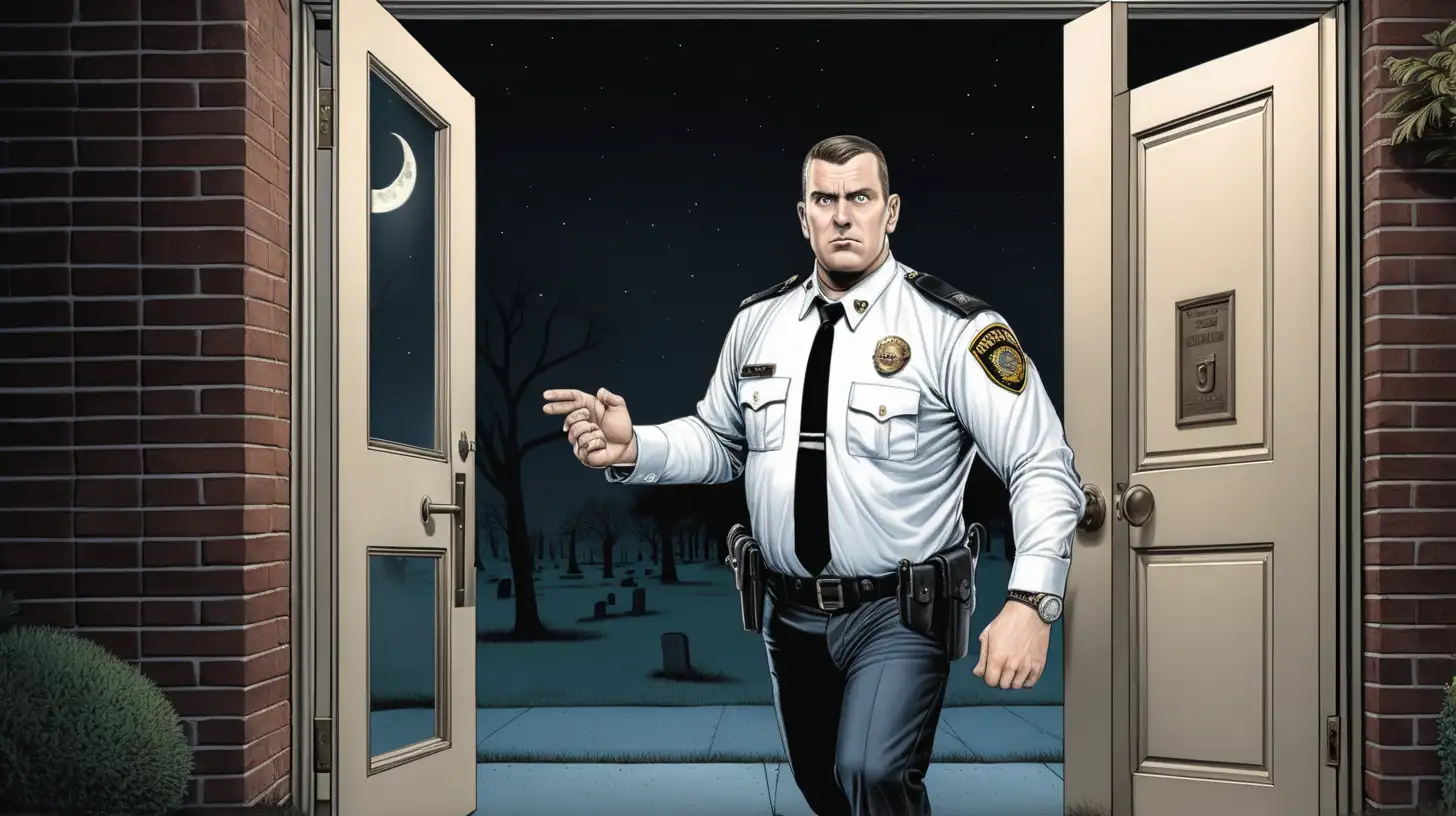 american comic, cinematic lighting, 40-year-old one white male security guard is opening a creaky door to enter security office at night in cemetery 