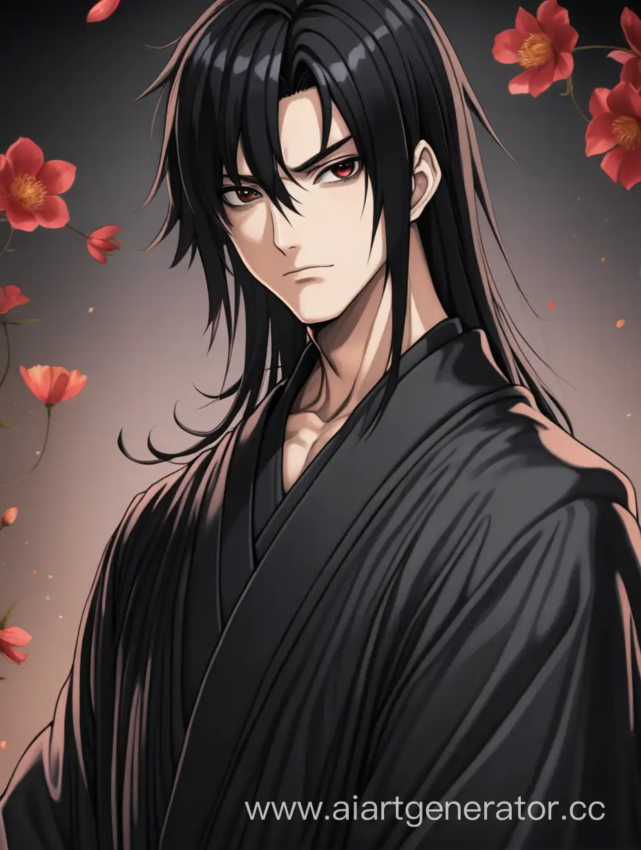 Cult leader anime guy with black hair and black eyes wearing a black robe looking at the camera with hope and love