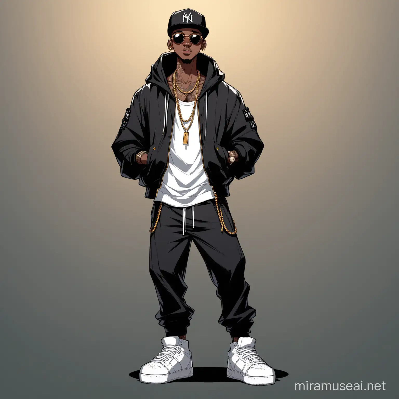 Animated art slim black rapper with a low cut full body 