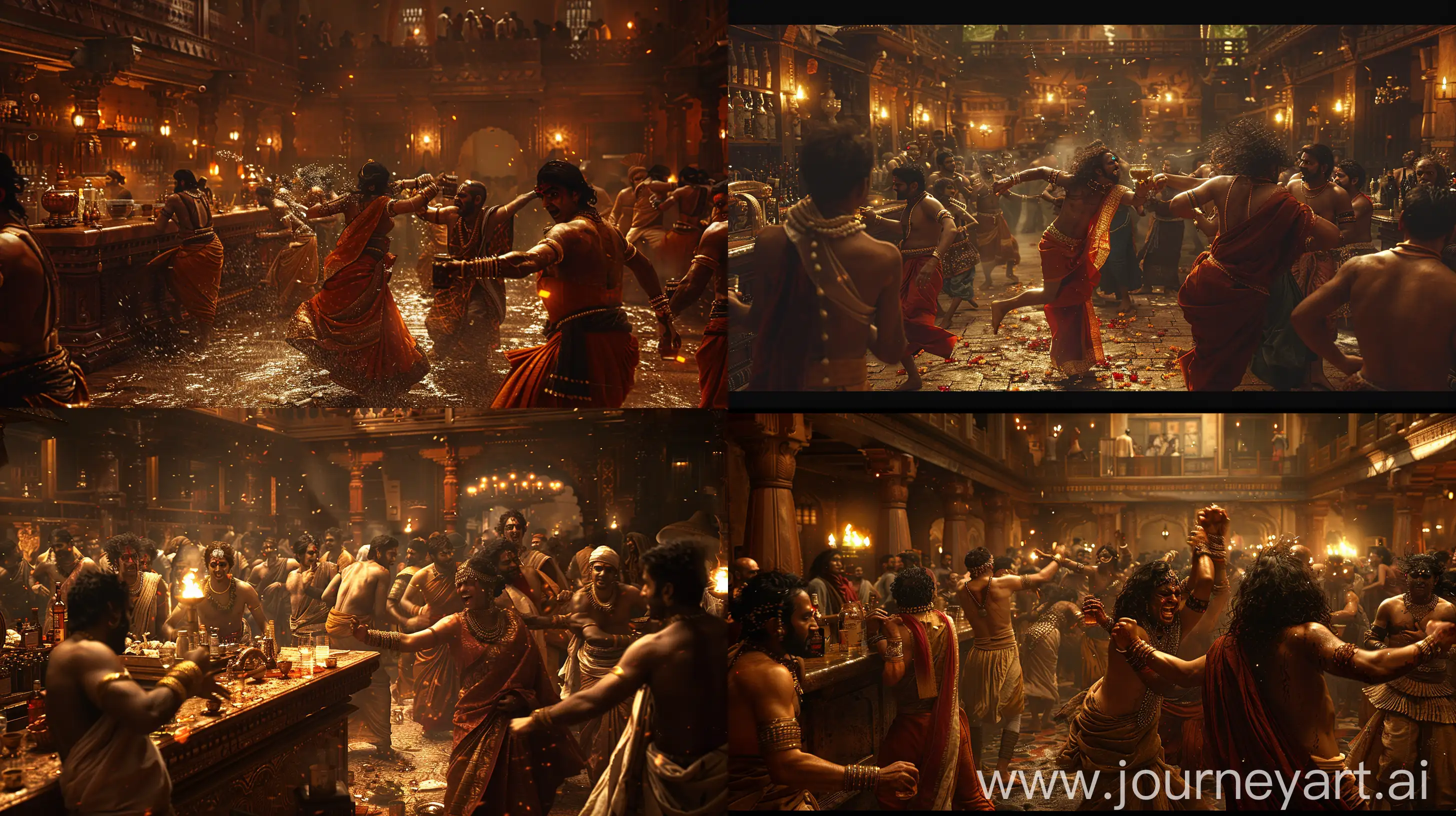 Realistic cinematic scene of an ancient Indian bar, dark brown color palette, patrons engaged in a spirited brawl amidst drinking, traditional attire, dim lighting, highly detailed interior, high resolution --s 400 --ar 16:9 --v 6