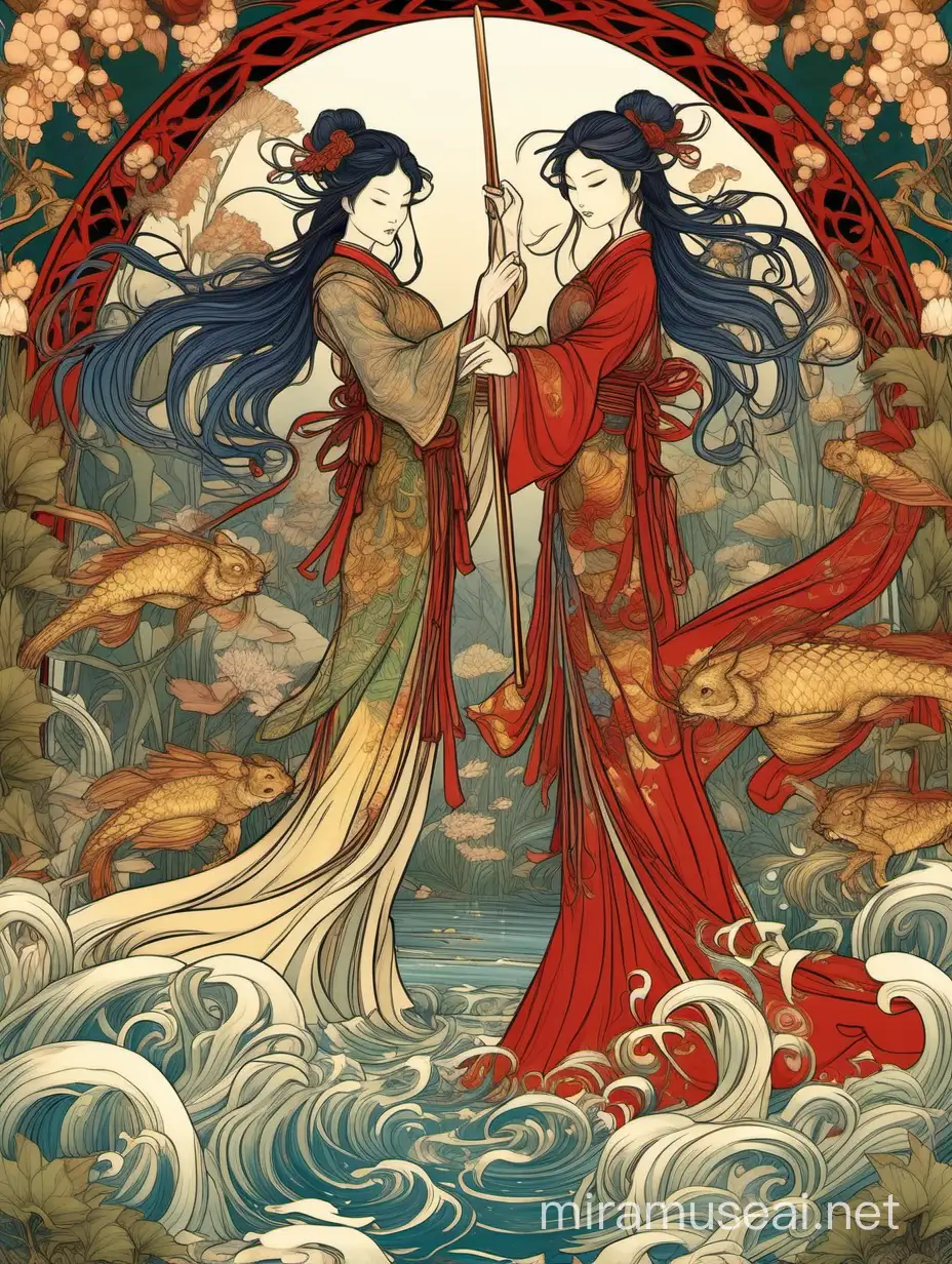 Create an Art Nouveau-inspired illustration of armored girls wielding magical wands, framed against a backdrop of intricate foliage, flowing water, and ethereal fairies. Embrace the organic, flowing lines and the rich color palette of Art Nouveau, as the girls in traditional Chinese clothing and Kawabe Kyosai-inspired costumes engage in an enchanted battle among the lush, dark gold and red Chinese-style gardens.