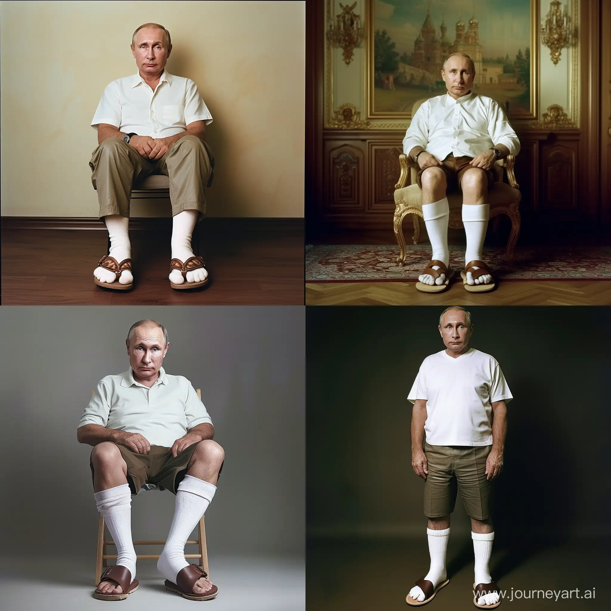 realistic portrait of Vladimir Putin wearing leather sandals with white socks, photo by Annie Leibovitz