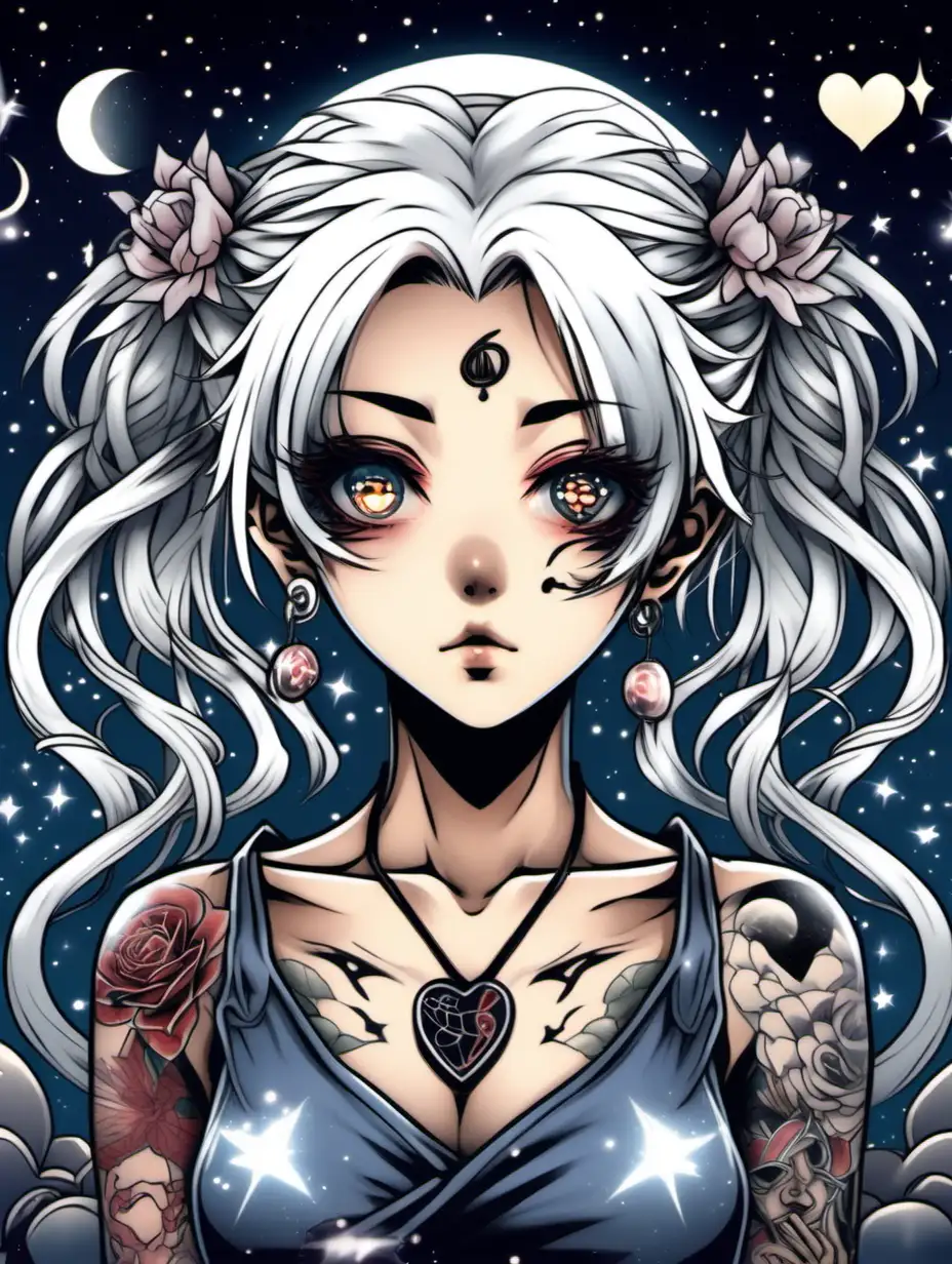 Anime Japanese Style Girl with Moonlight and Tattoos