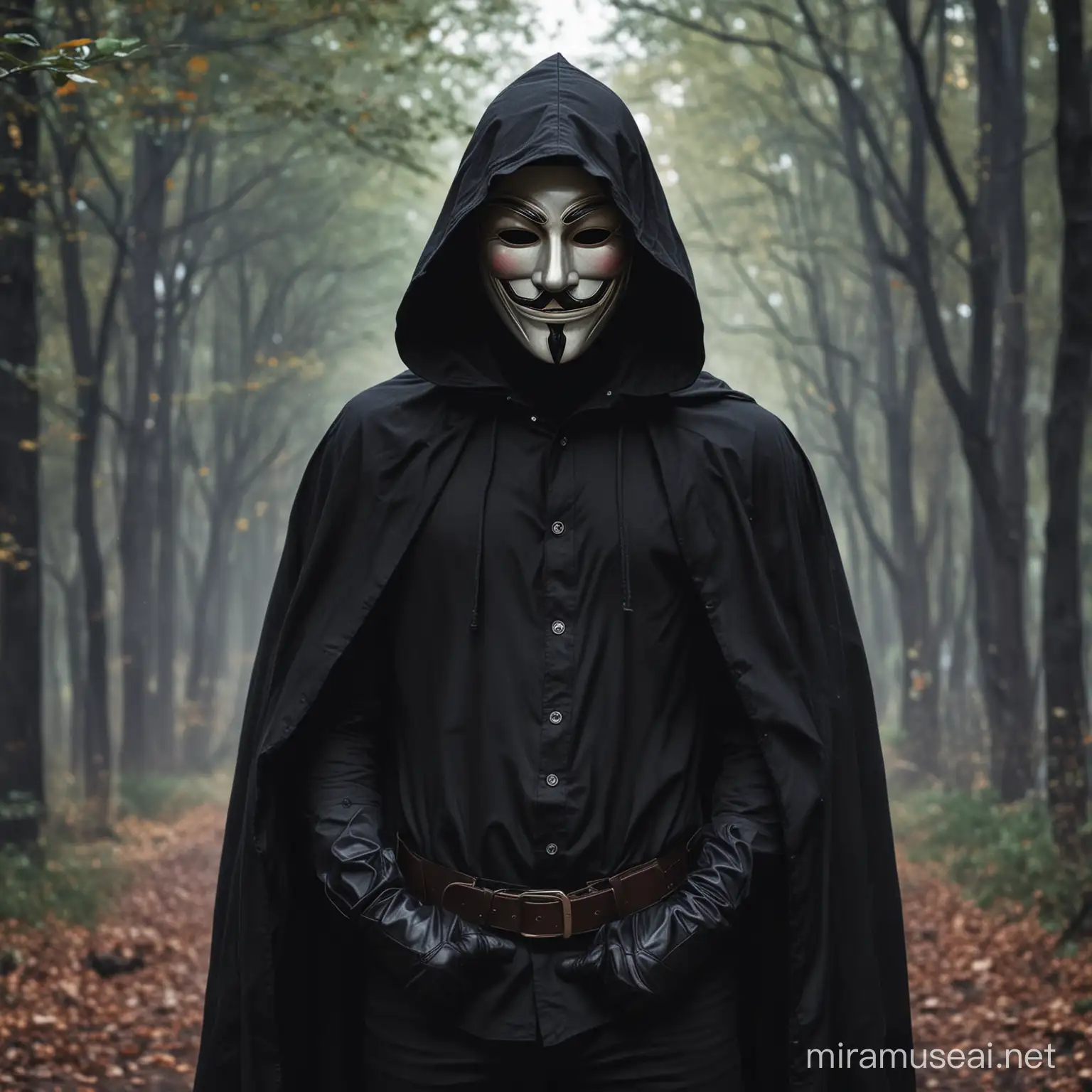 man,guy fawkes mask,hooded cape,black button down shirt,black gloves